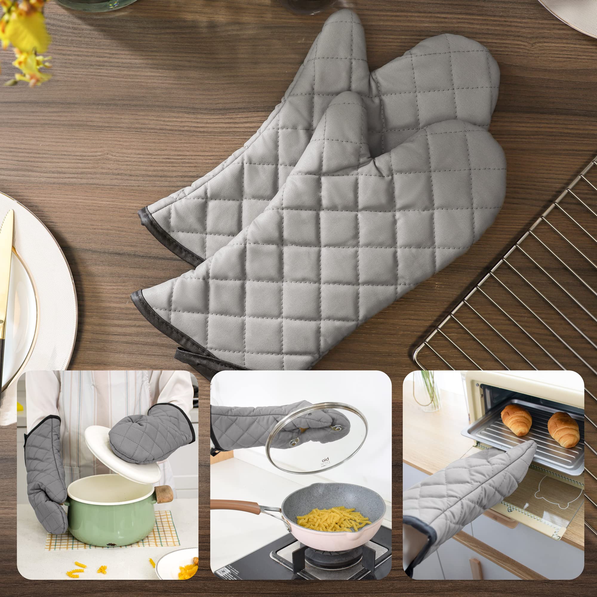 ARCLIBER Oven Mitts 1 Pair of Quilted Lining - Heat Resistant Kitchen Gloves,Flame Oven Mitt Set,Grey