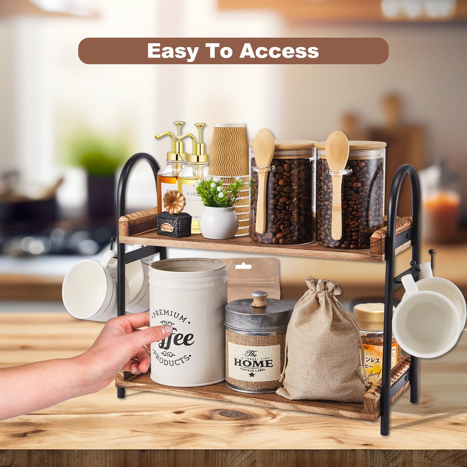 Coffee Bar Accessories, 2-Tier Coffee Bar Organizer with 4 Coffee Cup Holder Hooks, MUL-tifunctional Wooden Beaded Coffee Station Countertop Stand Shelf for Kitchen Home Office