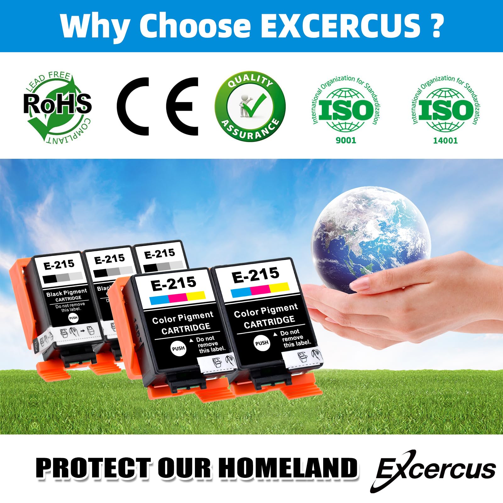 EXCERCUS Remanufactured T215 Ink Cartridges 215 T-215 Black & Tri-Color Cartridge Combo Pack for Epson Workforce WF-100 WF-110 EC-C110 Printers Pigment (3 Black, 2 Color, 5 Pack)