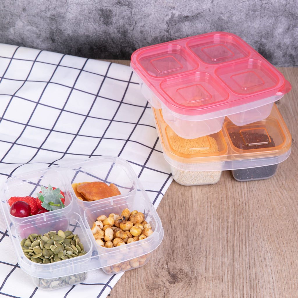 Finorder 4-Compartment Food Containers, Reusable Snack Container for Kids School, Office, Picnic, Portable Snack Lunch Box Meal Prep Containers, Set of 6 (Classic Color Set)