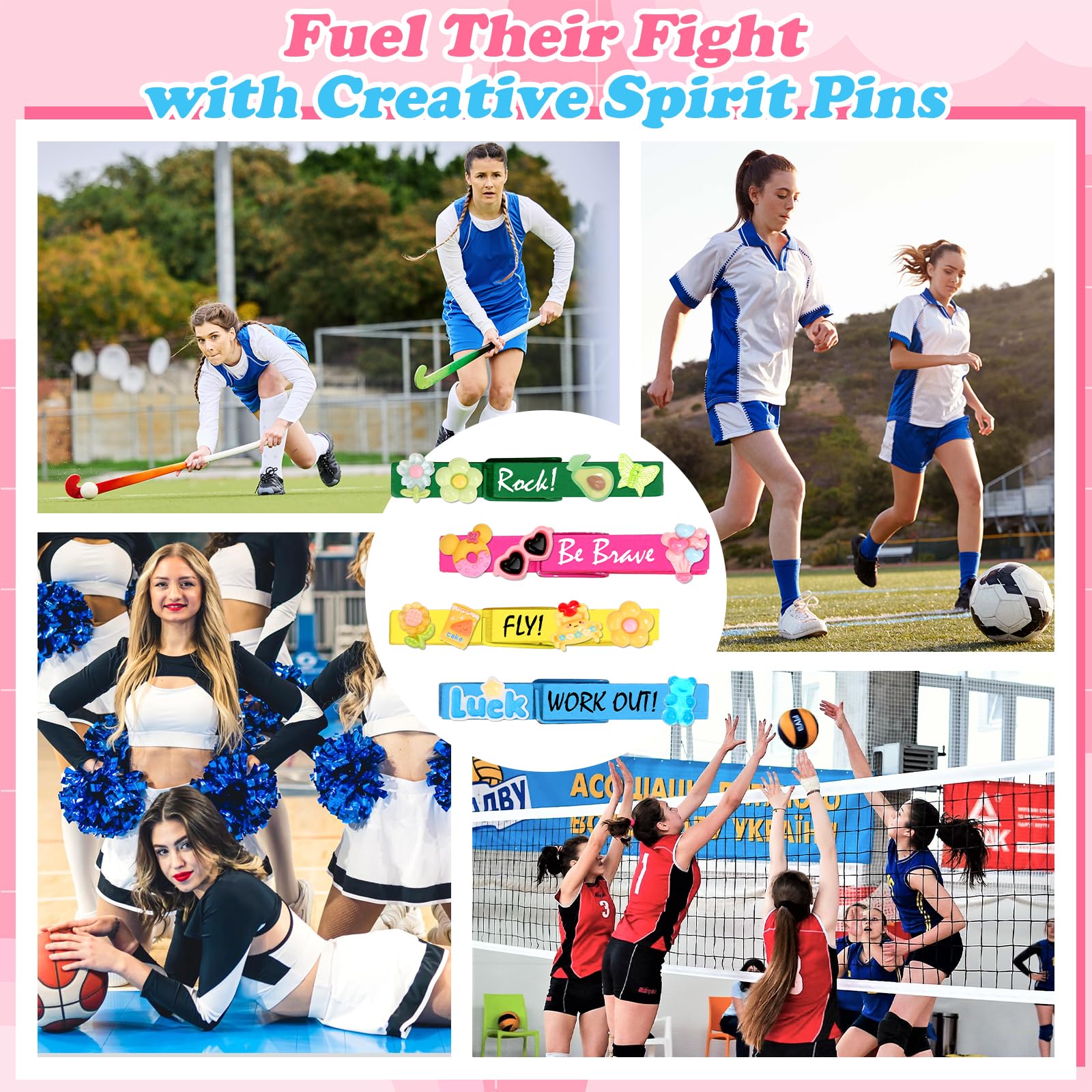 Cheer Pins Spirit Clips,100 Colored Clothes Wooden Pins, 112 Mini Resin Charms Bows Sticker, 300 Beads Pompoms Cheer Clothespins Decor, Pin Making Kit for Ribbon Team Classroom Cheerleader Gifts