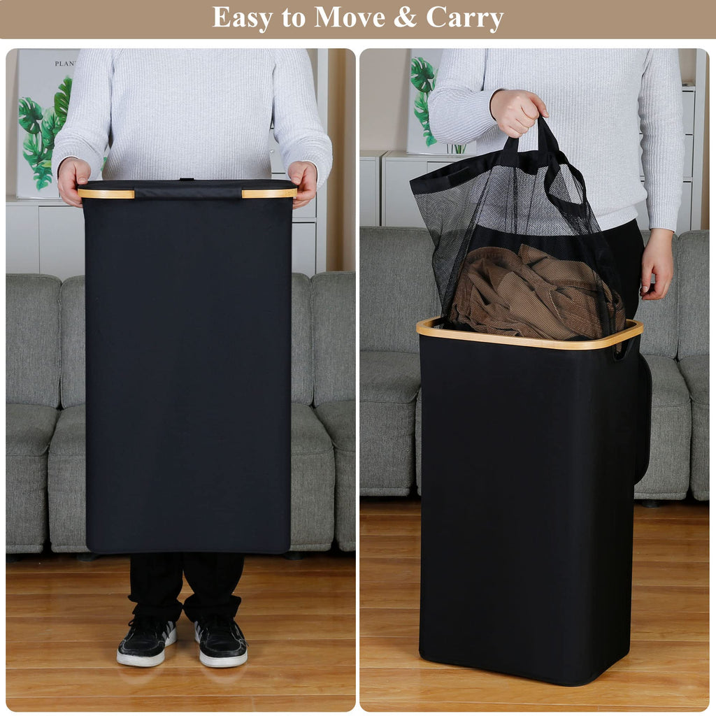 Laundry Hamper with Lid - Waterproof Freestanding Laundry Basket with Removable Liner Bag, Collapsible 110L Large Clothes Storage Laundry Bin with Easy Carry Bamboo Handle for Clothes Toys Organizer