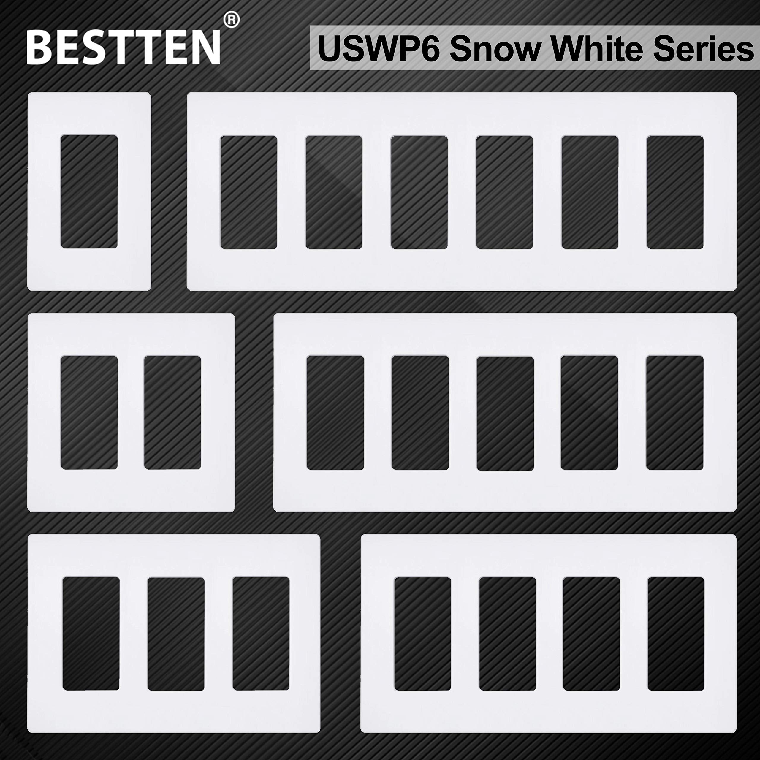 BESTTEN 10 Pack of 1-Gang Screwless Wall Plate, USWP6 Gloss Snow White Series, Decorator Outlet Cover, 11.91cm x 7.39cm, Switch Plate Cover for Light Switch, Dimmer, GFCI, USB Receptacle