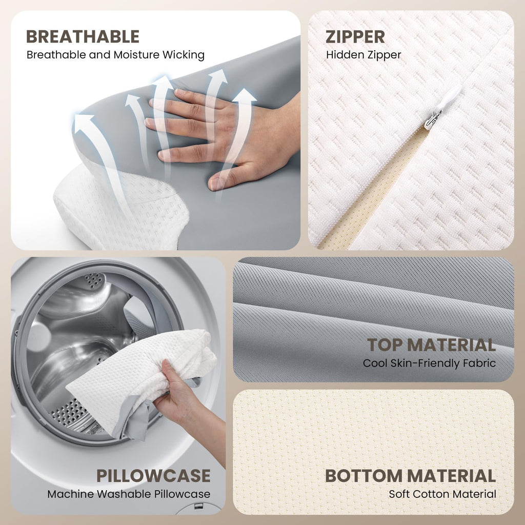 JINXIA Cervical Neck Pillows for Neck and Shoulder Pain Relief, Contour Memory Foam Pillow with Cooling Silk Case, Sleeping Cooling Neck Support Pillow, Back & Stomach Sleepers, White & Gray