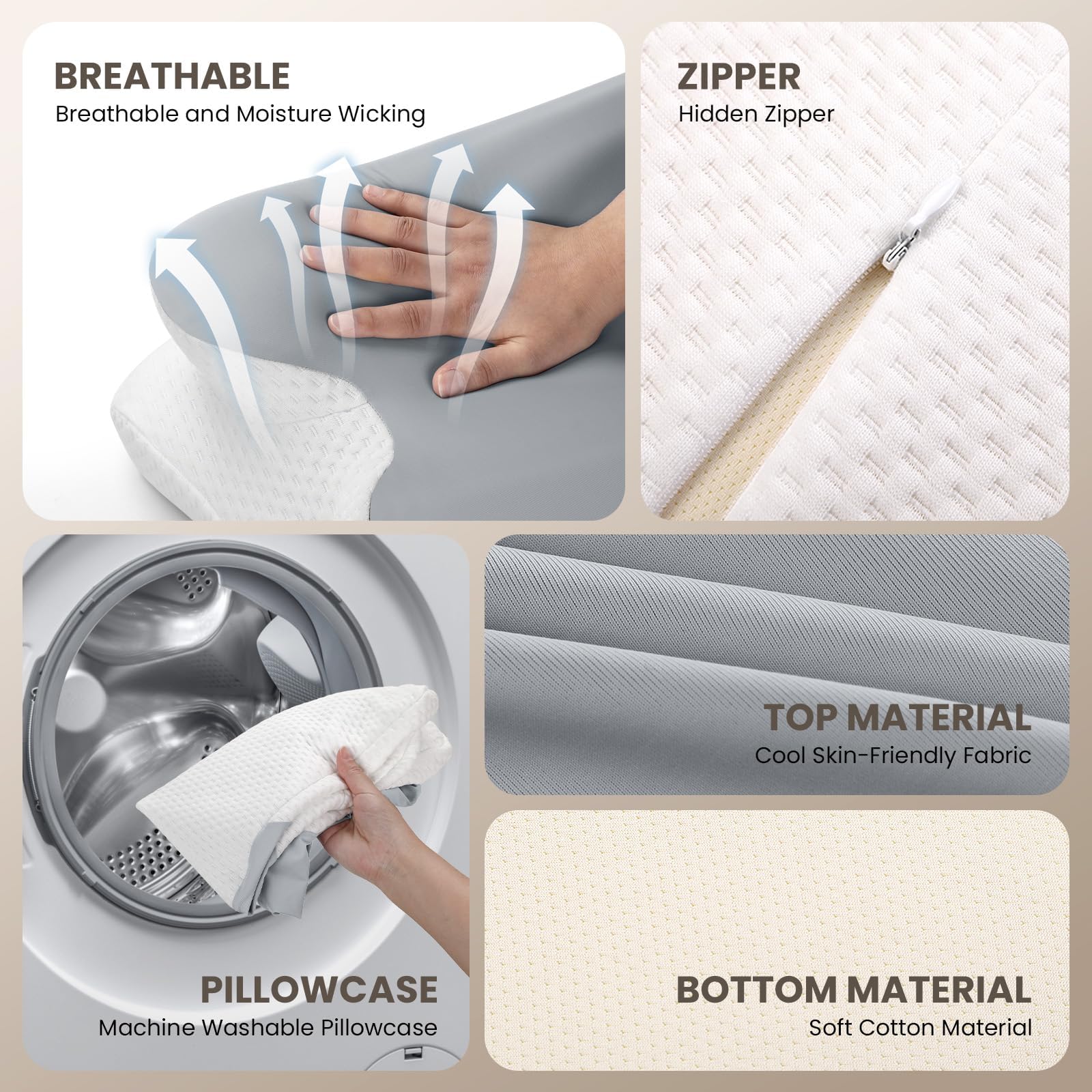 JINXIA Cervical Neck Pillows for Neck and Shoulder Pain Relief, Contour Memory Foam Pillow with Cooling Silk Case, Sleeping Cooling Neck Support Pillow, Back & Stomach Sleepers, White & Gray