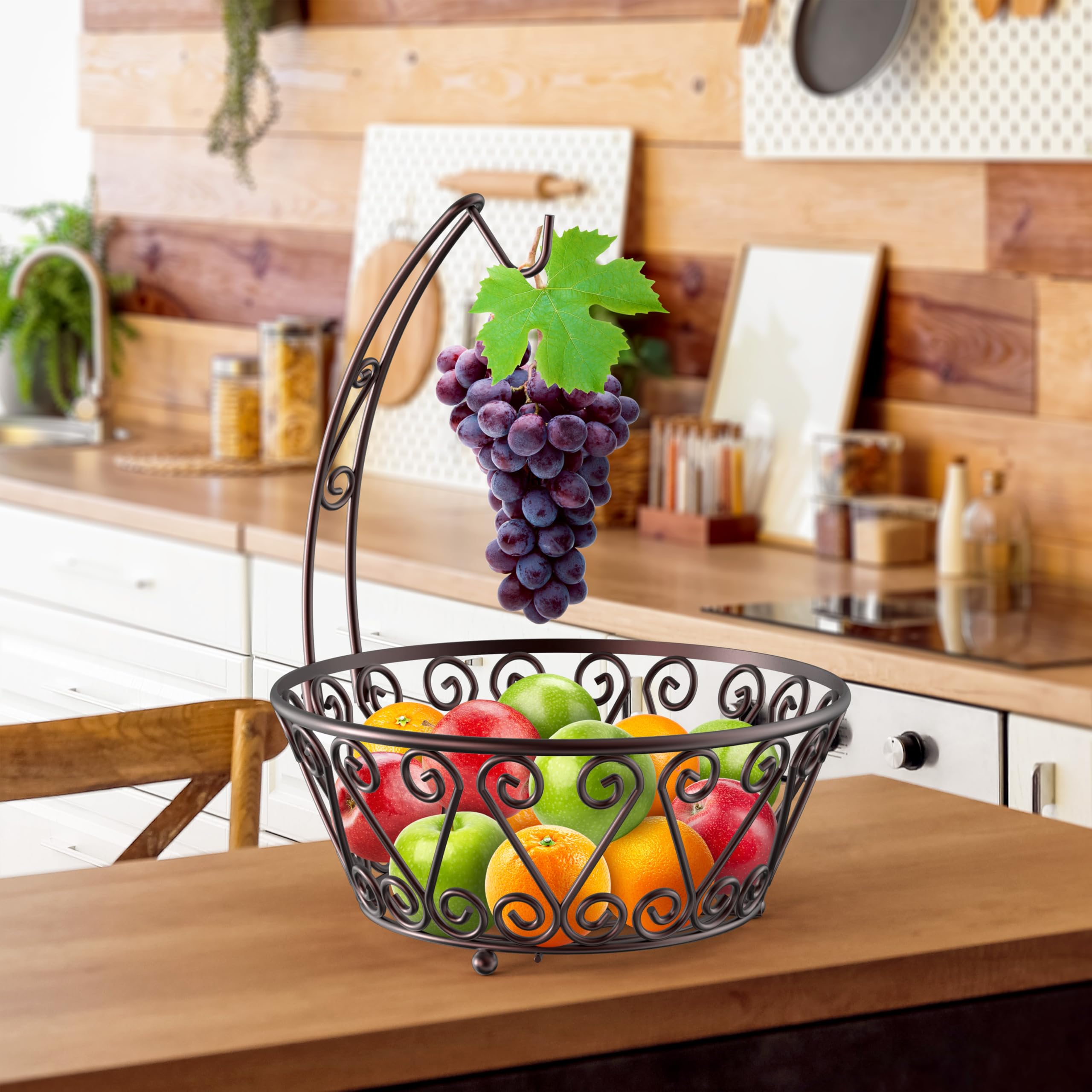 Simple Houseware Fruit Basket Bowl with Banana Tree Hanger - Wire Produce Storage Stand & Organizer for Kitchen Counter, Bronze