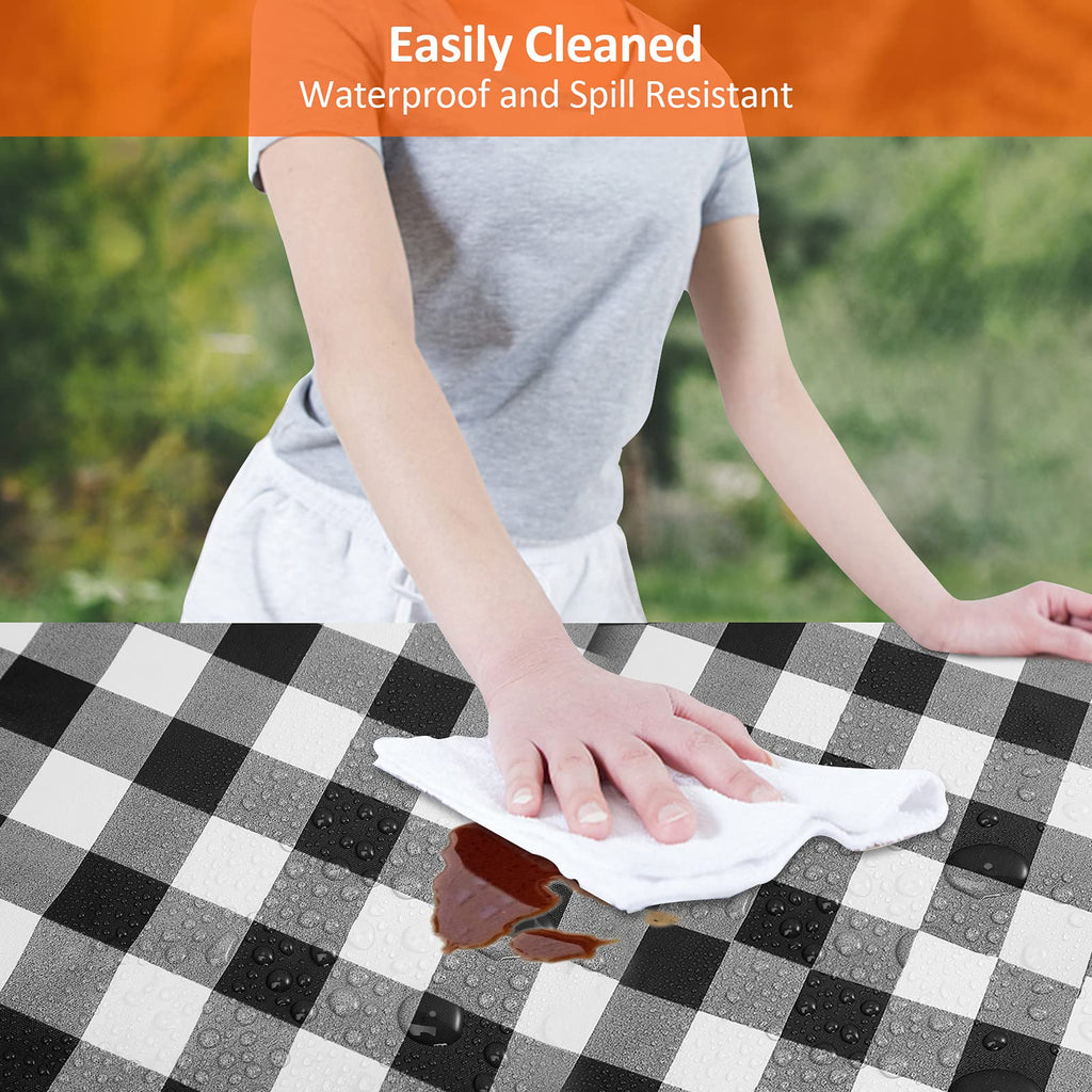 KENOBEE 6ft Picnic Table and Bench Cover, Camping Essentials RV Gear, 72in Waterproof Windproof Outdoor Elastic All Around Tablecloth, Fitted Rectangle Tables and Seats, Black-White Checkered