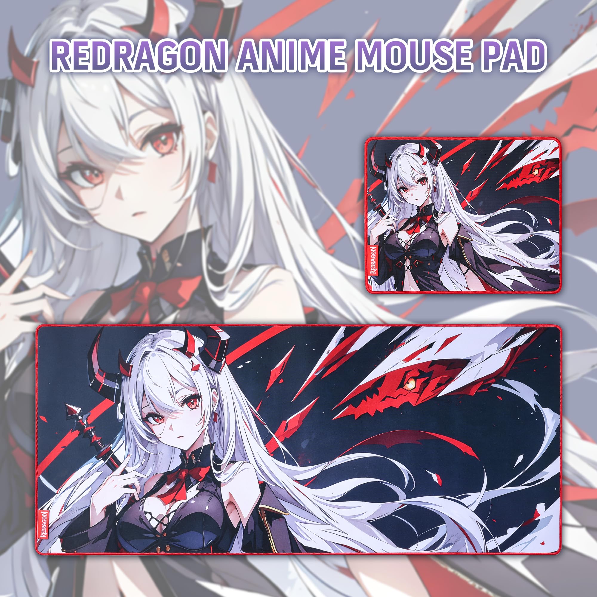 Redragon EISA P047L Anime Gaming Mouse Pad - Smooth Spandex Surface, Anti-Slip Rubber Base, Spill-Resistant, Durable 5mm Thick Design, 35 x 16 inches, Black