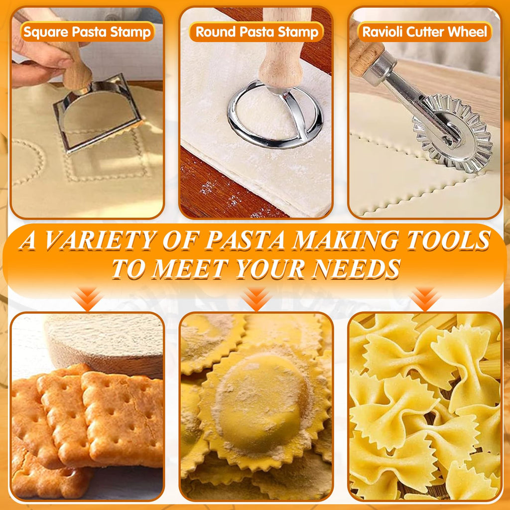Pasta Making Tools, 9 PCS Wood Pasta Making Kit with 1 Pasta Drying Rack, 3 Rolling Pins, 1 Gnocchi Board, 1 Dough Cutter, 2 Ravioli Stamp Maker Cutter, 1 Ravioli Cutter, Ravioli Pasta Set for Kitchen
