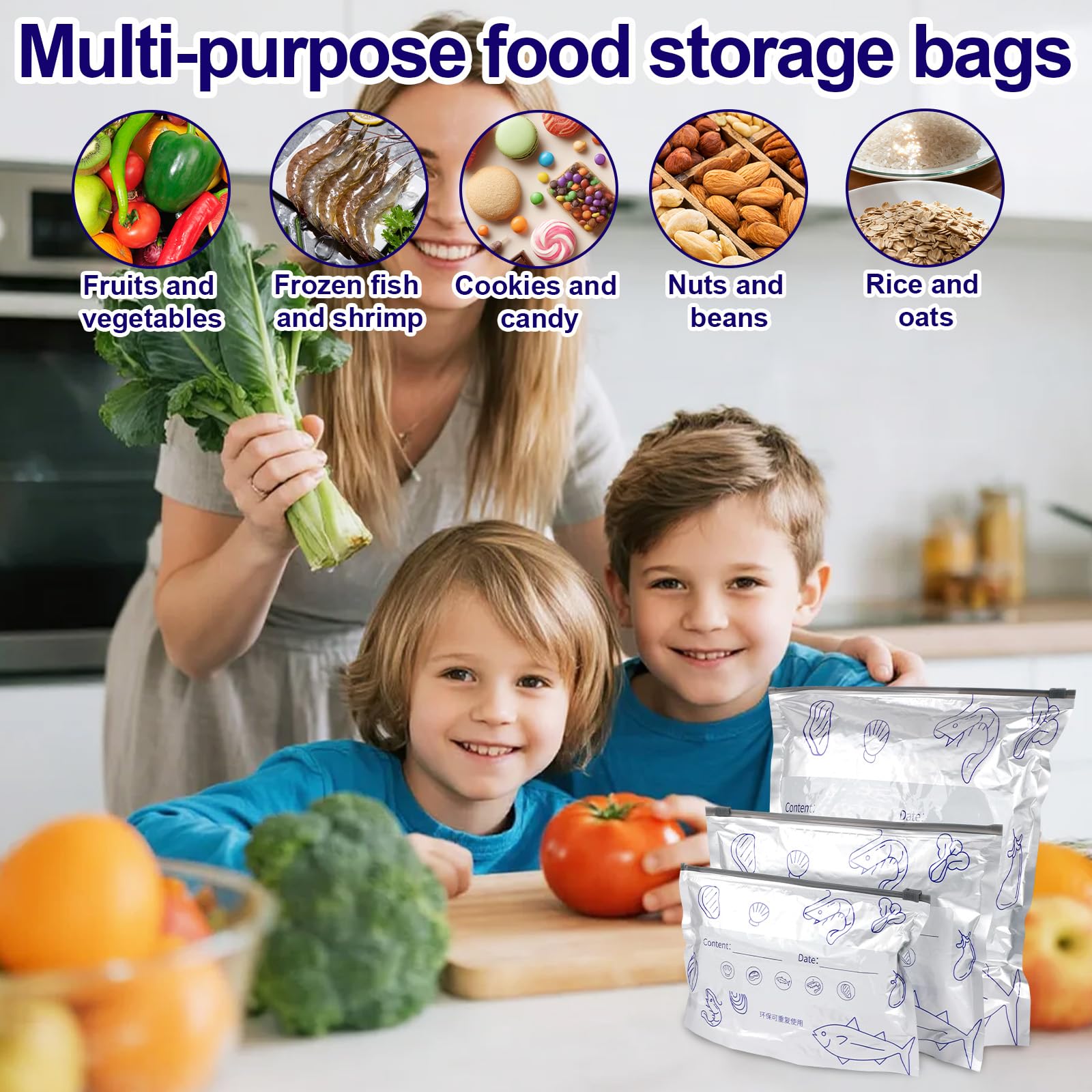 30pcs Aluminum Foil Reusable Sealable Storage Bags, 3 Sizes Resealable Vacuum Zipper Bags with 2 Pen Freezer Zip Lock Organization with Labels for Food Vegetables Meat Fruits