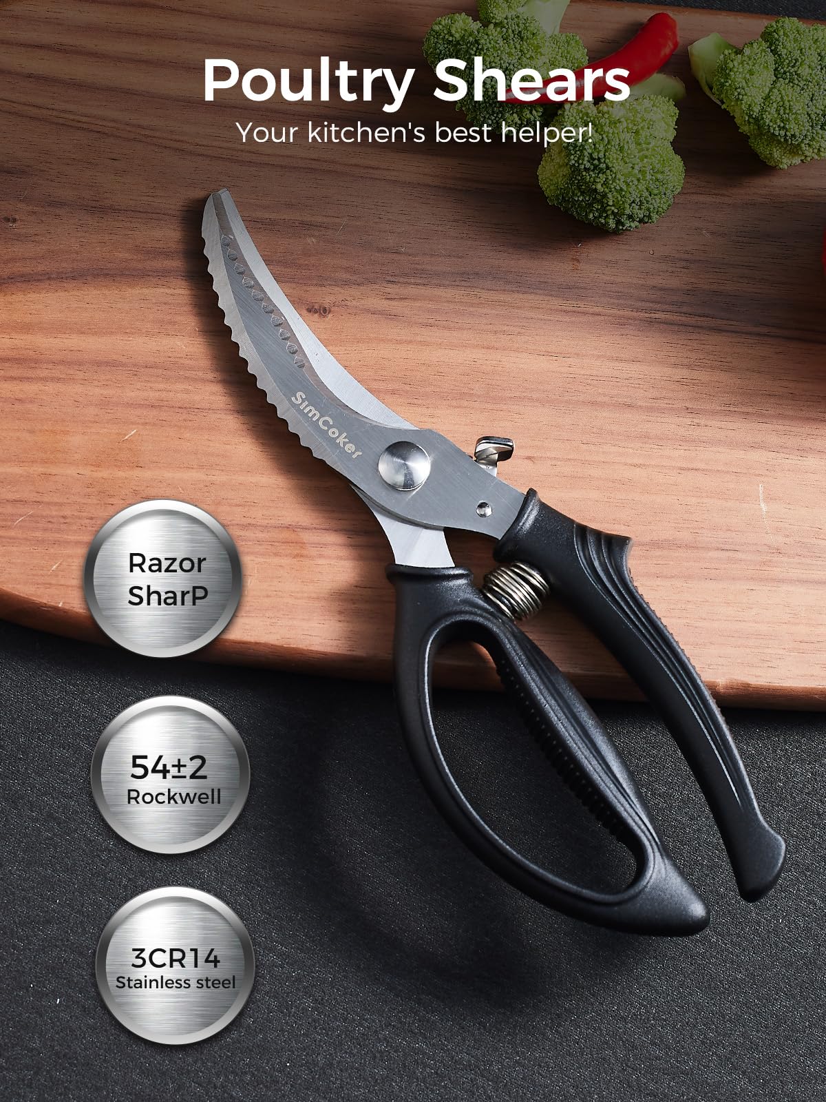 Poultry Shears, Heavy Duty Kitchen Scissors for Chicken, Meat, Bone and Fish, Spring Loaded Kitchen Shears with Anti-Slip Handle, Safety Lock, Dishwasher Safe
