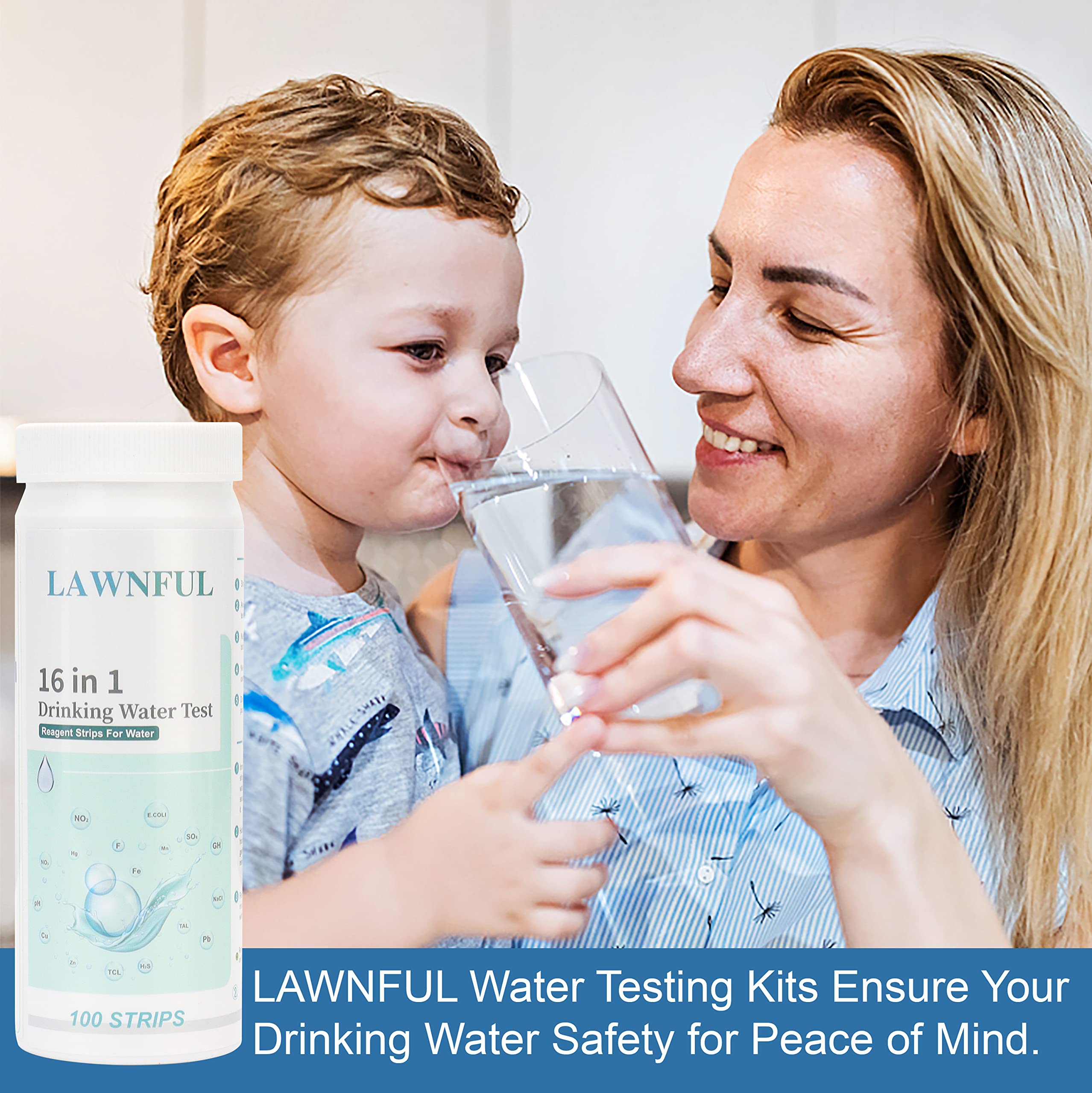 Drinking Water Test Kit, LAWNFUL 17 in 1 Tap & Well Water Test Kit,100 Water Strips+ 2 Bacteria Tests, High Precision Home Water Test Kit Detect Bacteria, pH, Copper, Lead, Iron, Hardness and More