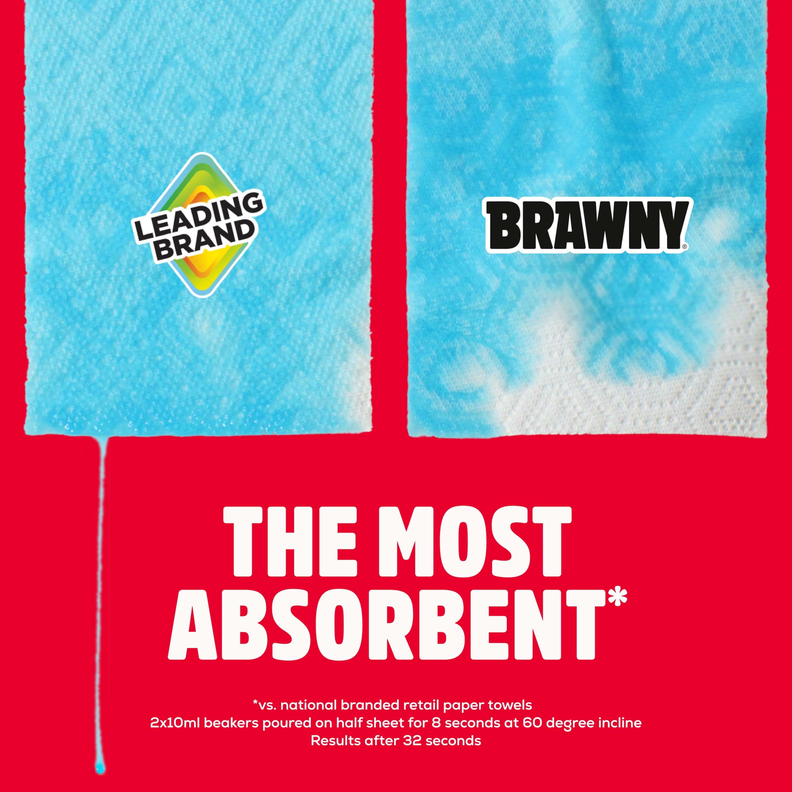 Brawny Tear-A-Square 3-Ply Paper Towels, 2 Double Rolls = 4 Regular Rolls, Strong, Absorbent, and Durable with 3 Sheet Sizes (Quarter, Half, Full)