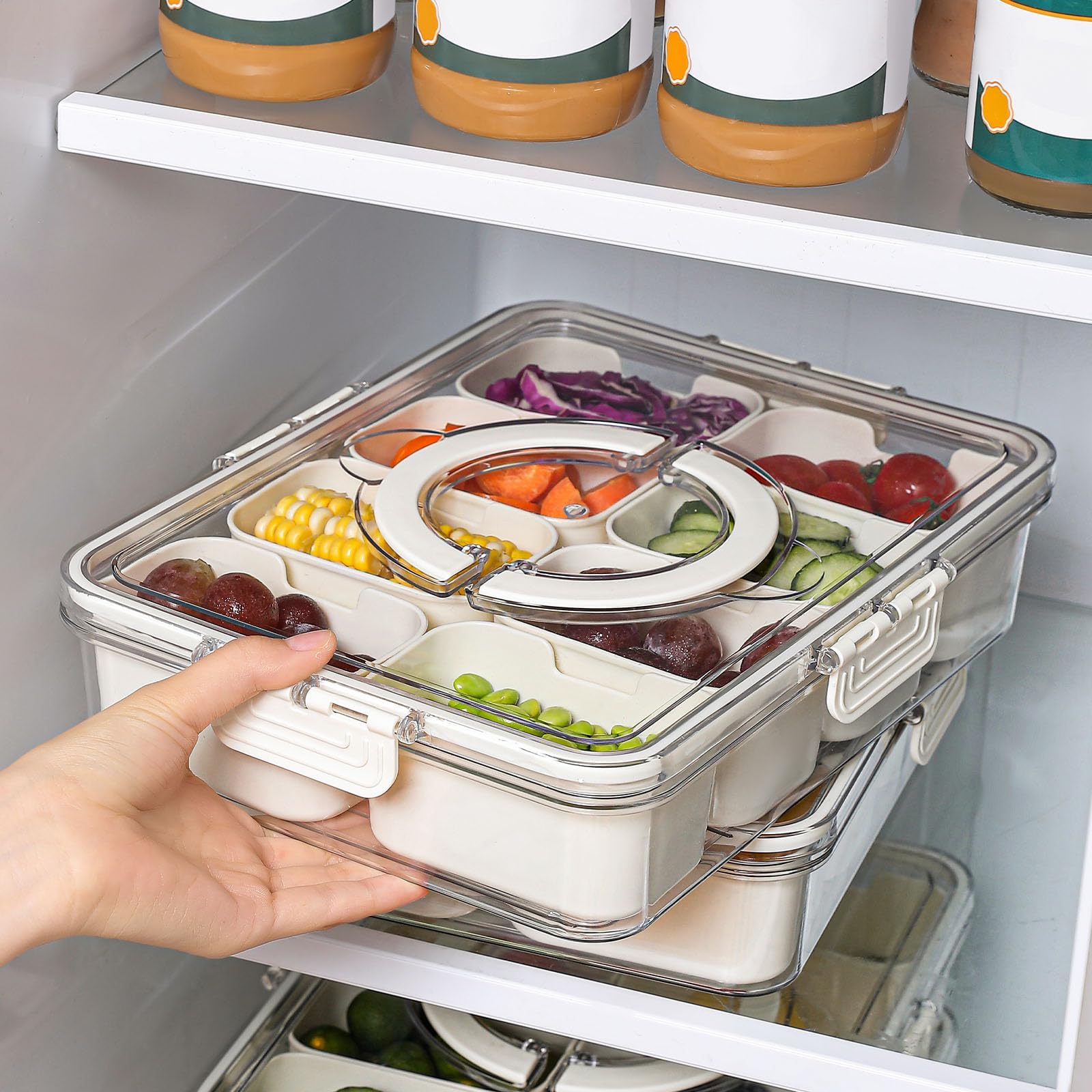 shopwithgreen 8 Compartment Snack Box Container, Divided Serving Tray with Lid and Handle, Portable Snackle Box for Veggies, Fruit, Nuts, Candy (2 Pack)
