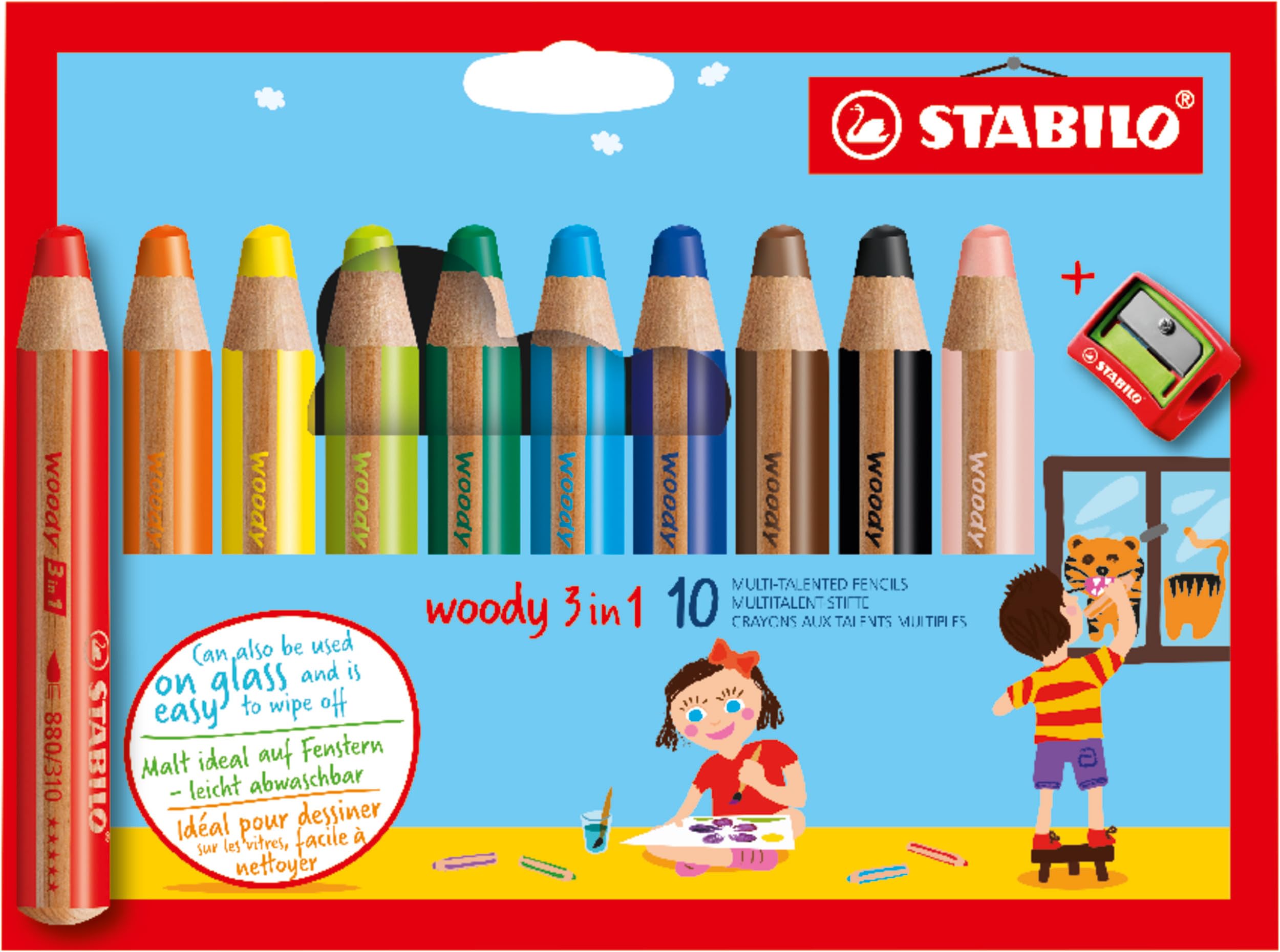 STABILO Multi-Talented Pencil woody 3 in 1 - Pack of 10 - Assorted Colors with Sharpener