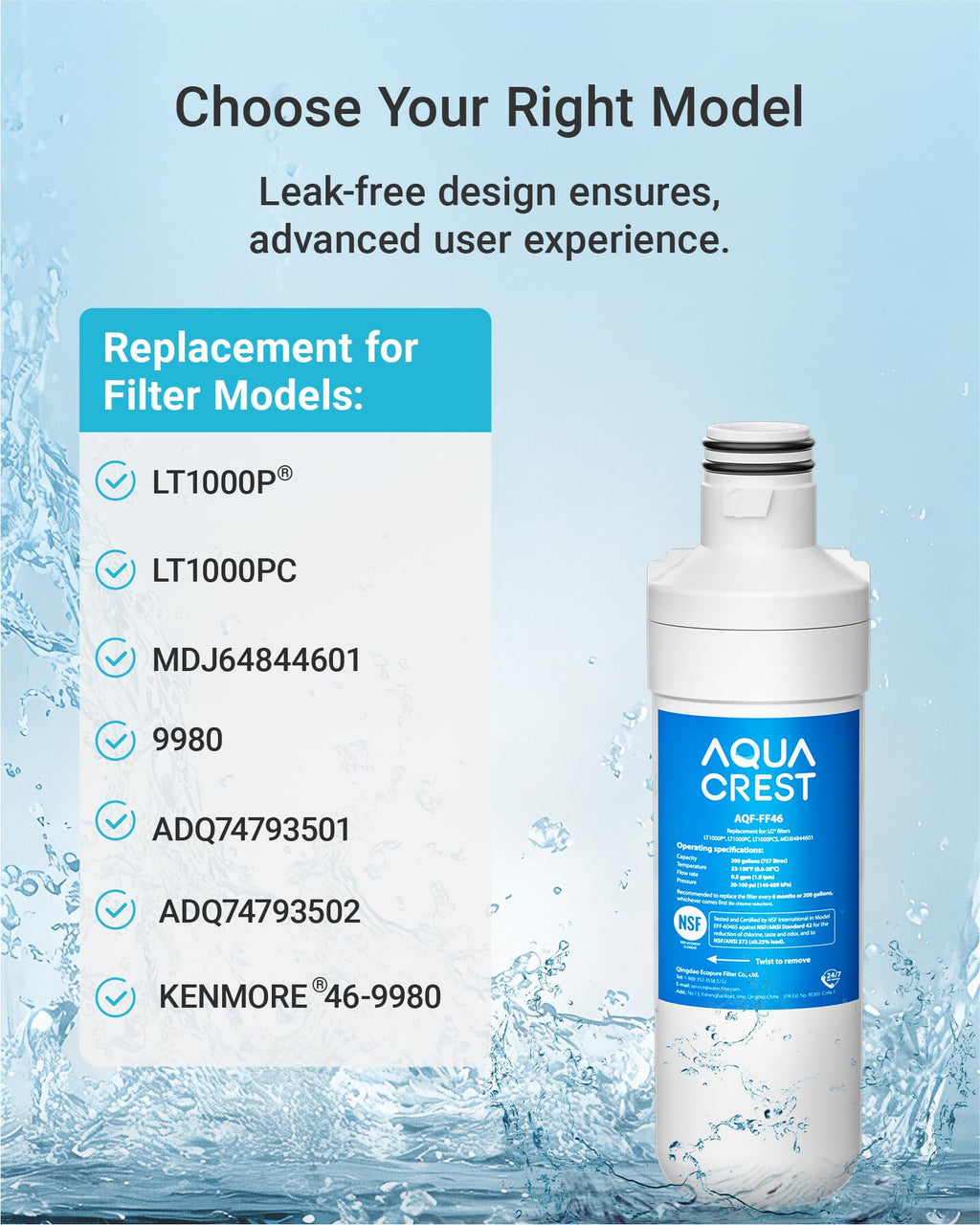 AQUA CREST LT1000PC ADQ747935 Refrigerator Water Filter and Air Filter, Replacement for LG® LT1000P®/PC/PCS, LMXS28626S, LFXS26973S, MDJ64844601, ADQ74793501, ADQ74793502 and LT120F®, 3 Combo