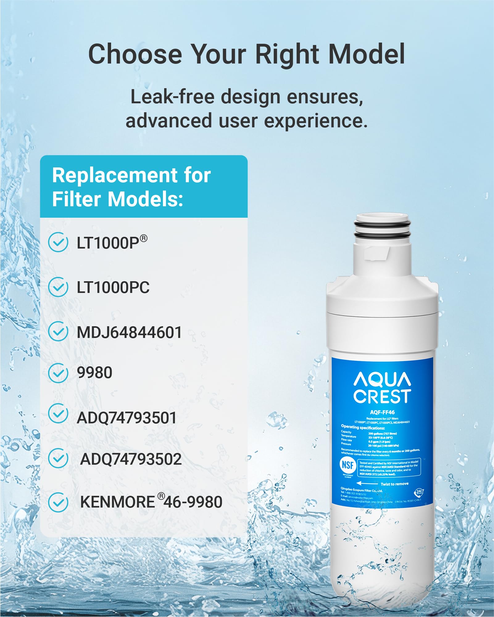AQUA CREST LT1000PC ADQ747935 Refrigerator Water Filter and Air Filter, Replacement for LG® LT1000P®/PC/PCS, LMXS28626S, LFXS26973S, MDJ64844601, ADQ74793501, ADQ74793502 and LT120F®, 3 Combo