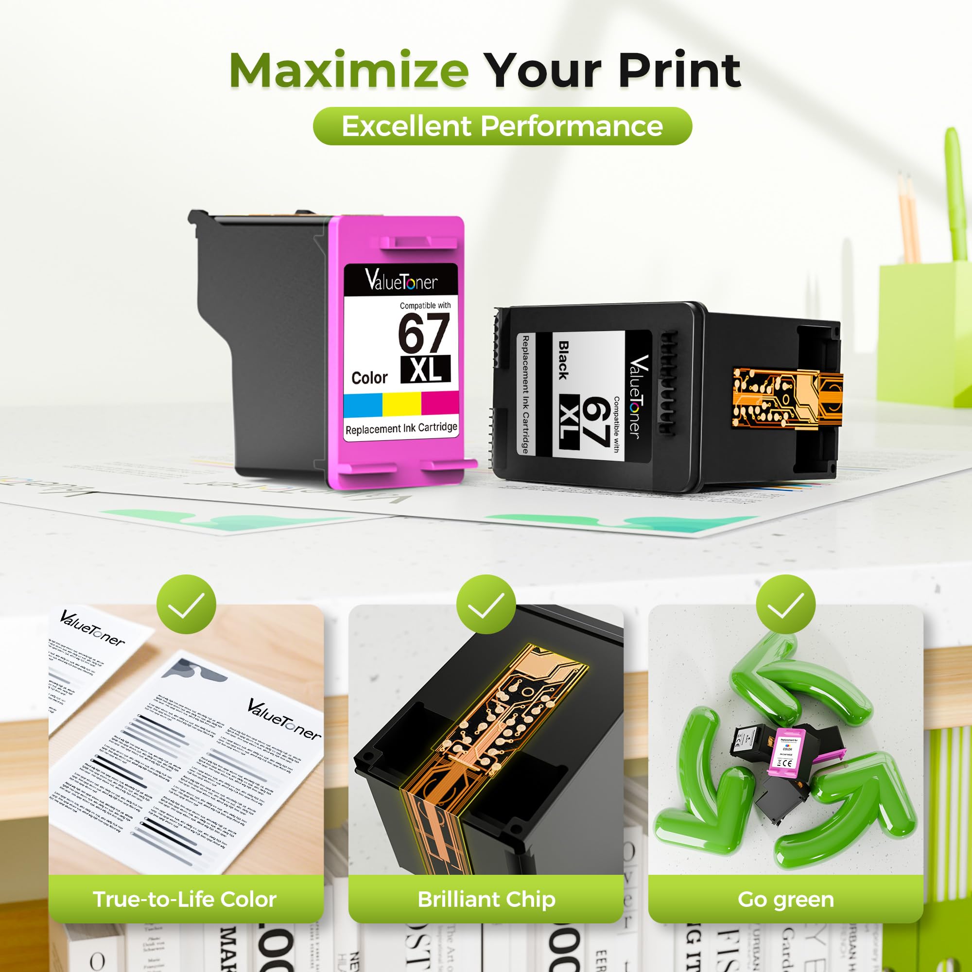 Valuetoner 67XL Ink Cartridges Replacement for HP 67 XL Black and Color Ink Cartridges for HP67XL for HP Envy 6455e 6052 6055 6010e 6020e 6030e 6052e Printer