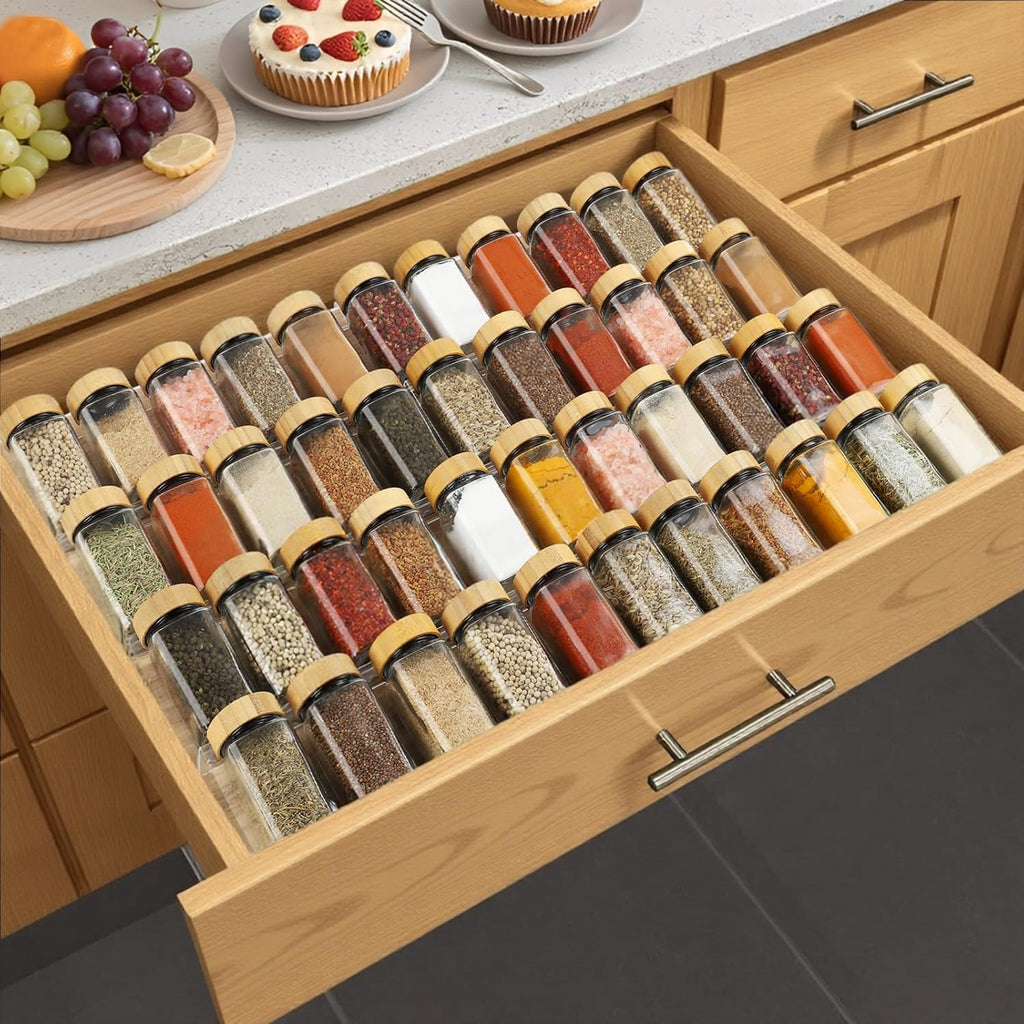 4 Tier Spice Drawer Organizer, Clear Acrylic Seasoning Organizer Rack, Spice Rack Tray for Cabinet/Countertop, Kitchen Seasoning Jars Drawers Insert (Jars Not Included/Expandable From 9" to 18")