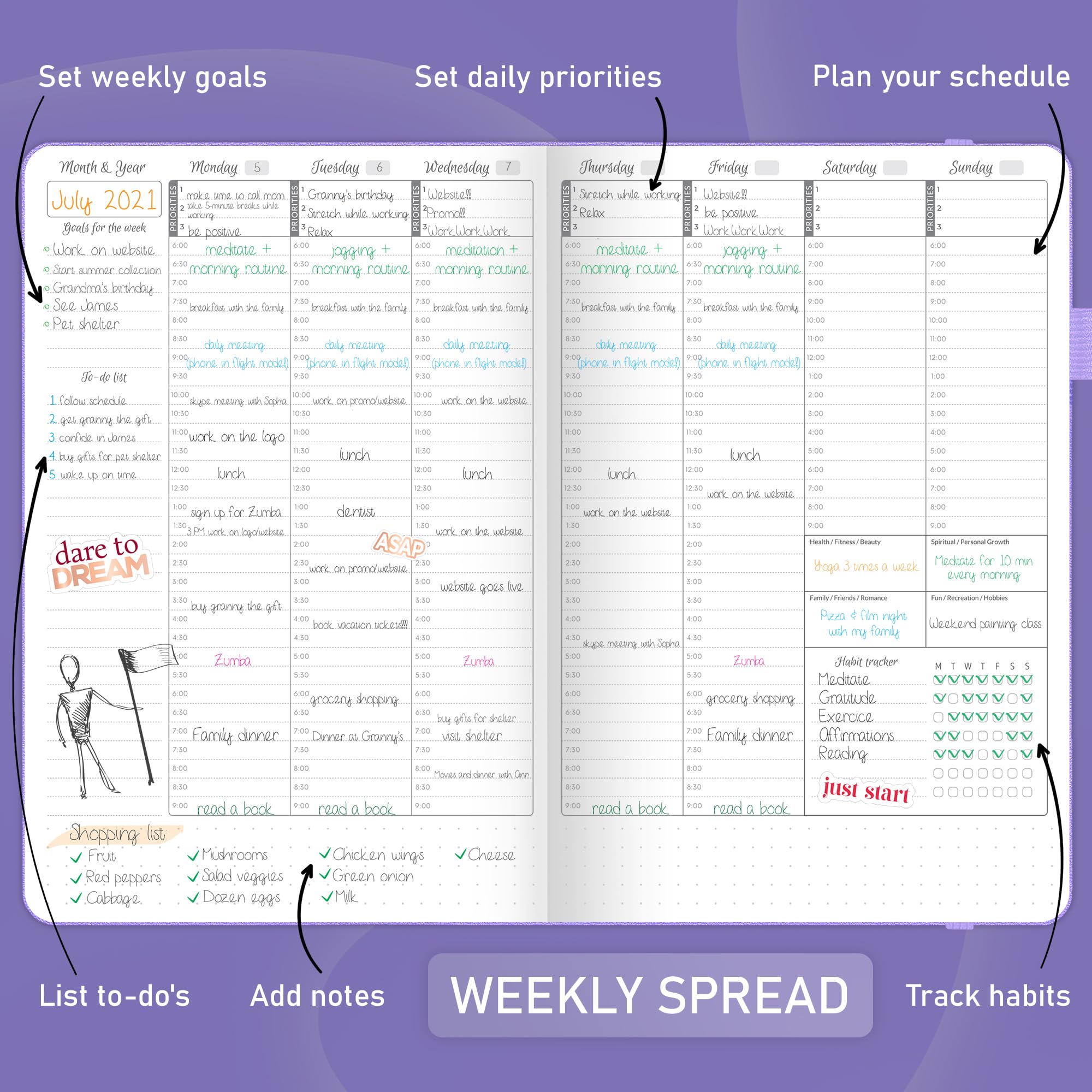 GoGirl Weekly Schedule Planner – Undated Hourly Work & Life Planner with Time Slots – Vertical Agenda Organizer for Daily Time Management & Productivity – A5 Size, 5.8″x8.3″, Hardcover (Lavender)