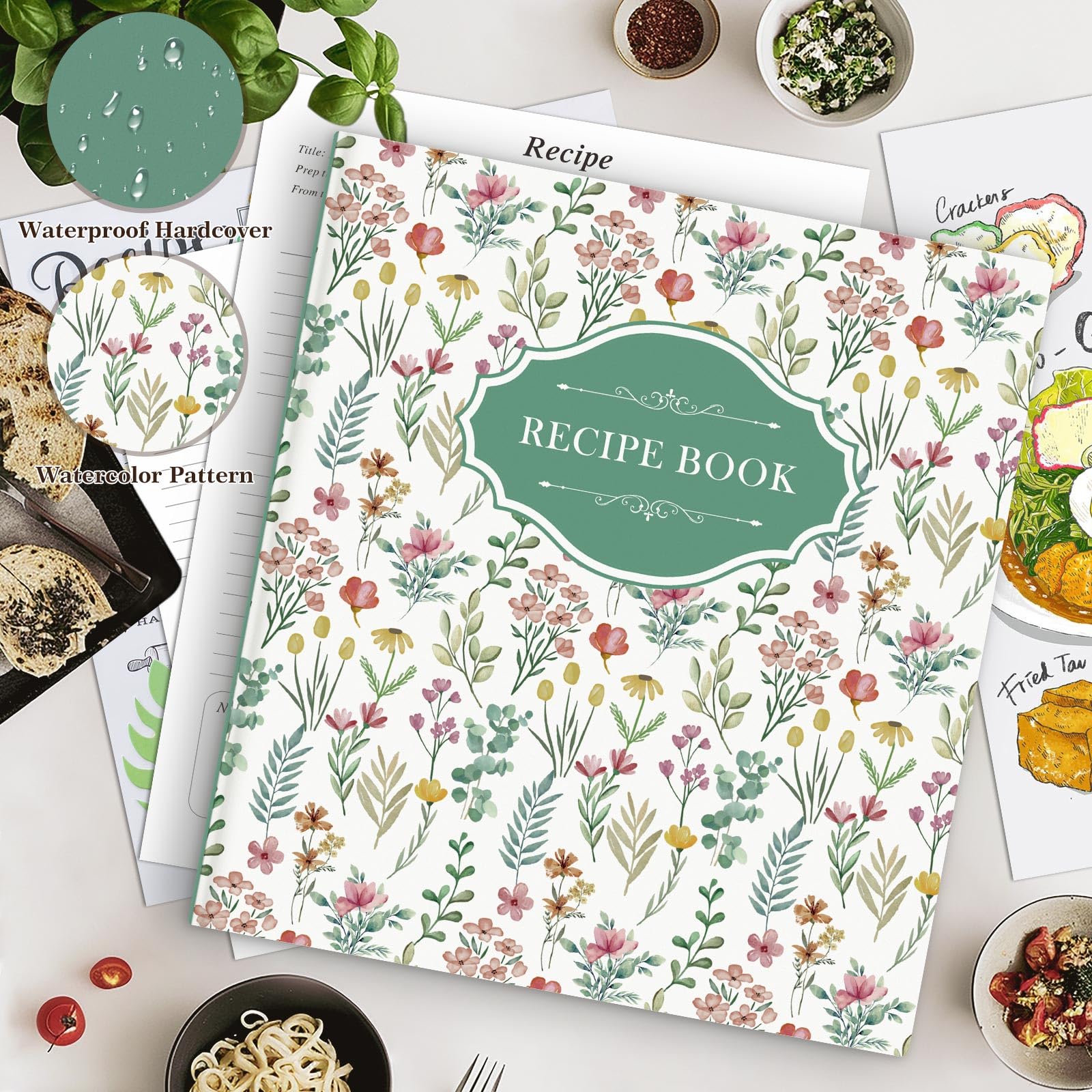 Lanpn Recipe Binder 8.5x11 3 Ring Kit, Blank Organizer Binder Recipe Book Waterproof Cookbook to Write in Your Own Recipes with 60 Plastic Sleeves,116 Recipes, Dividers,Labels & Stickers, Green