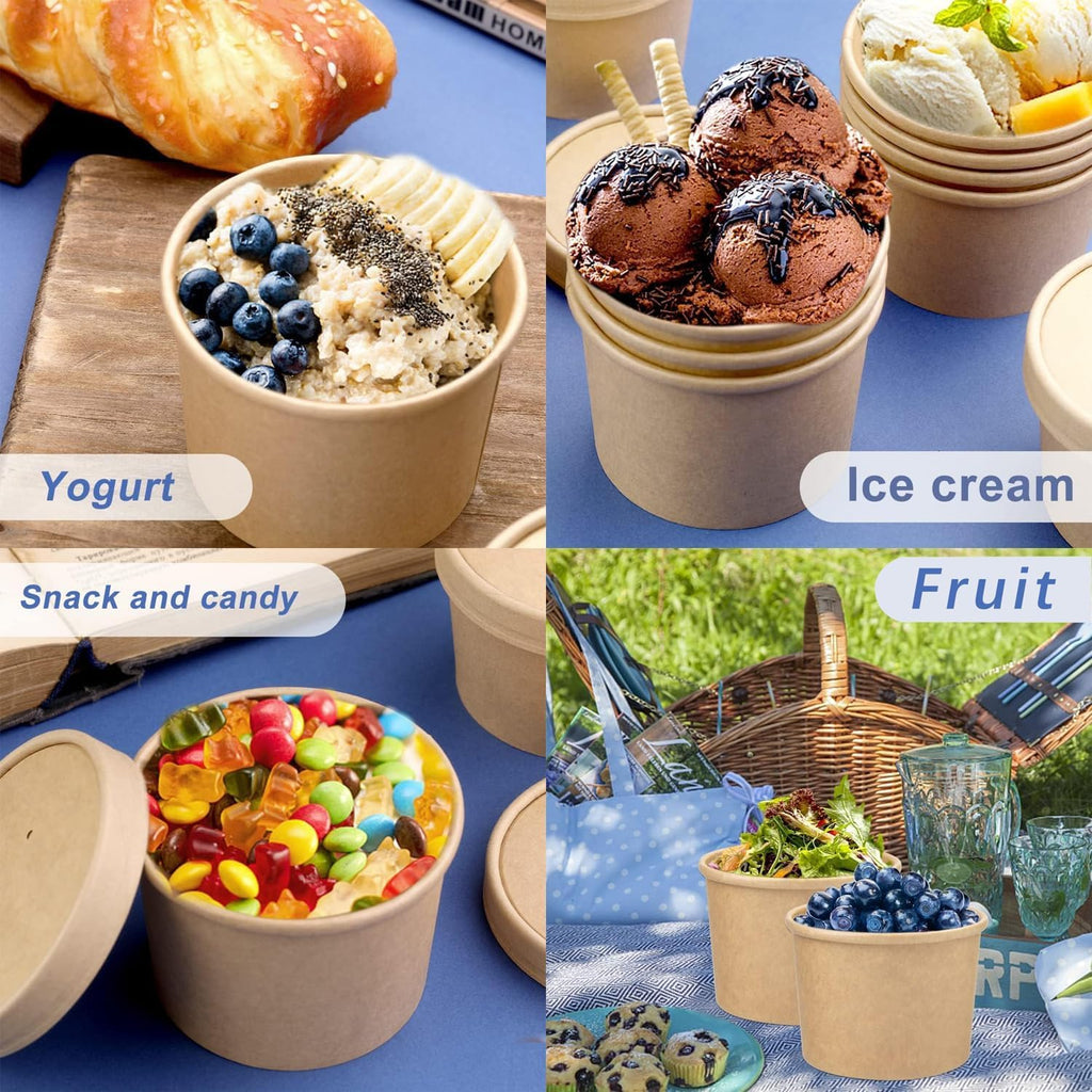 [25 Sets - 8 oz] Kraft Paper Food Soup Containers with Vented Lids, Microwavable Disposable Food Soup Bowls, Ice Cream Cups, Great for Restaurants - Extra 30 Hand Made Self-adhesive Labels