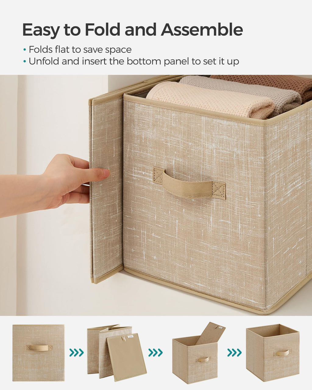 SONGMICS Storage Cubes, 28 cm Non-Woven Fabric Bins with Double Handles, Set of 6, Closet Organizers for Shelves, Foldable, for Clothes, Sand Beige UROB026K03