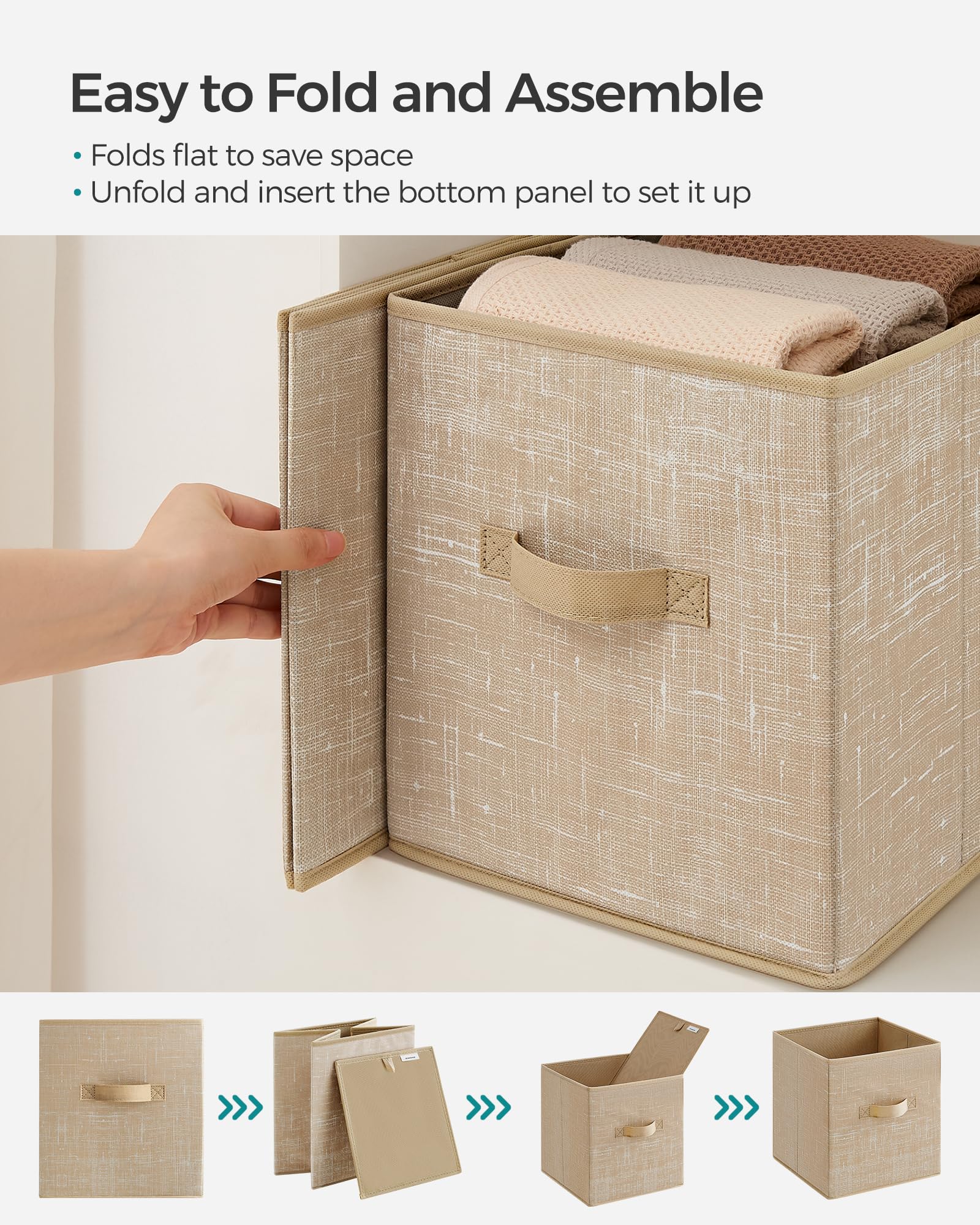 SONGMICS Storage Cubes, 28 cm Non-Woven Fabric Bins with Double Handles, Set of 6, Closet Organizers for Shelves, Foldable, for Clothes, Sand Beige UROB026K03