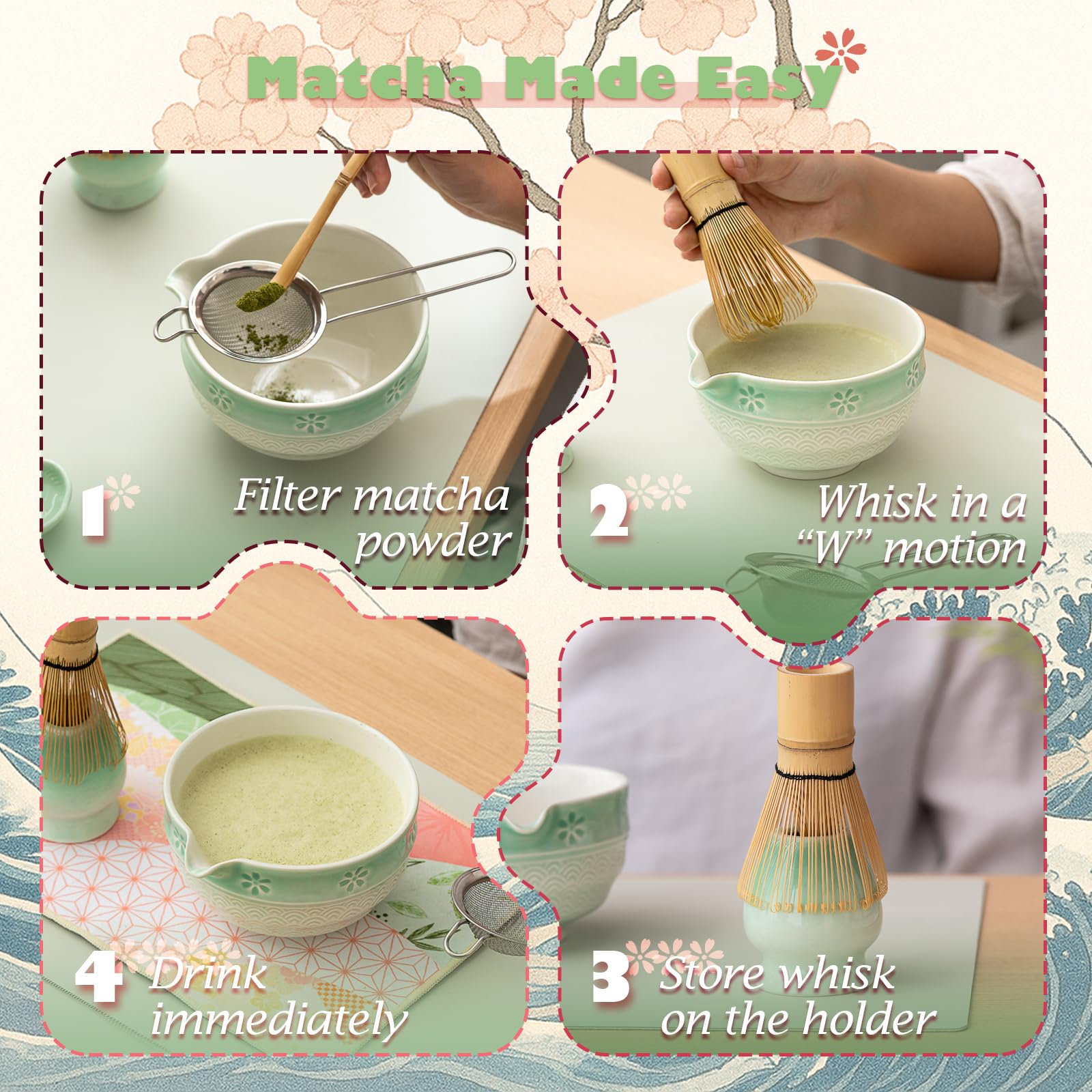Matcha Tea Set, 8 Pcs Japanese Matcha Kit with Cherry Blossom and Wave Design Ceramic Bowl, Bamboo Whisk, Whisk Holder, Scoop, Sifter, Brush, Matcha Whisk Set for Matcha Lovers (Green Gradient)