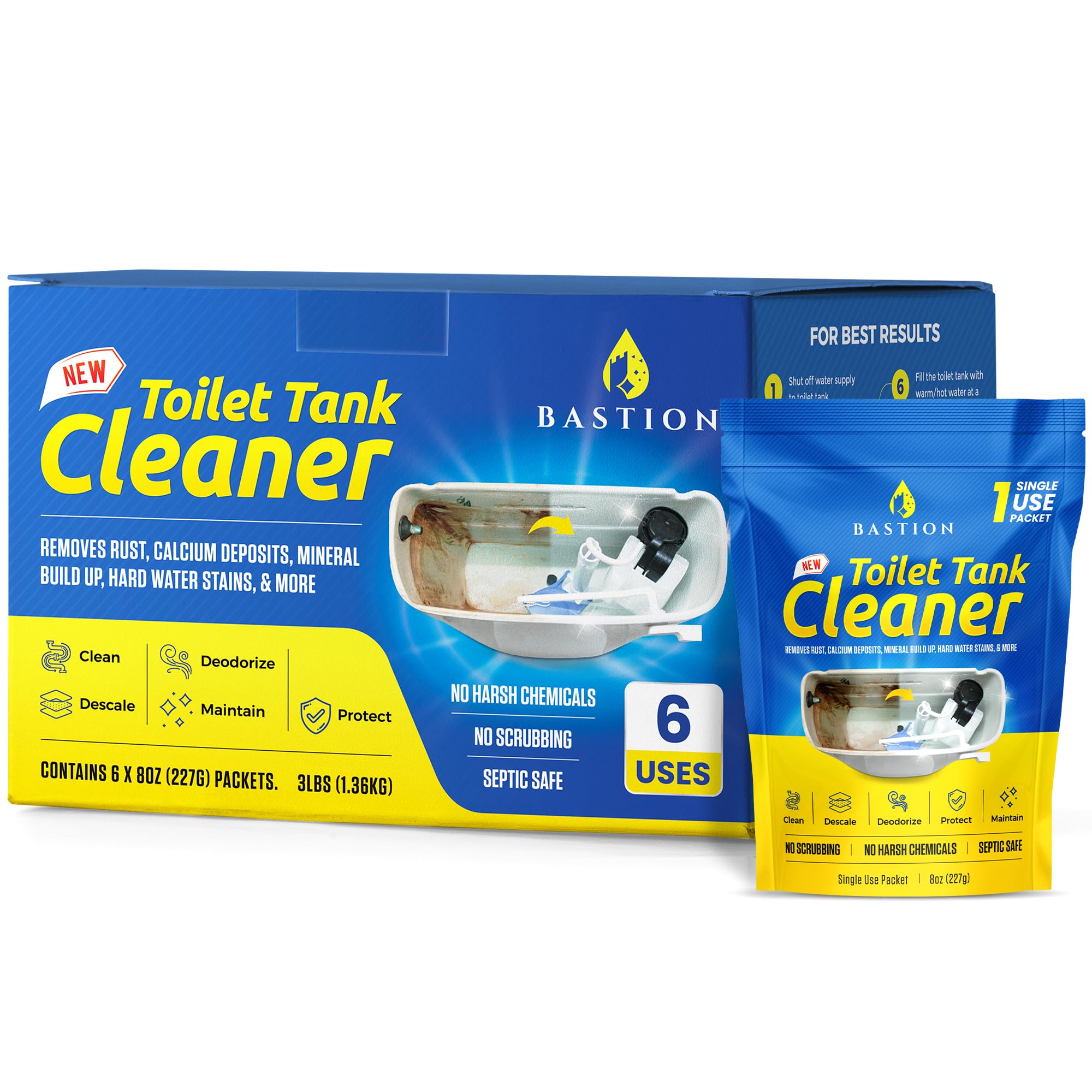 Bastion Toilet Tank Cleaner - 6-Uses. Removes Rust, Minerial Deposits, Hard Water Stains, & Calcium Build Up. Contains 6 X 8oz Single Use Packets