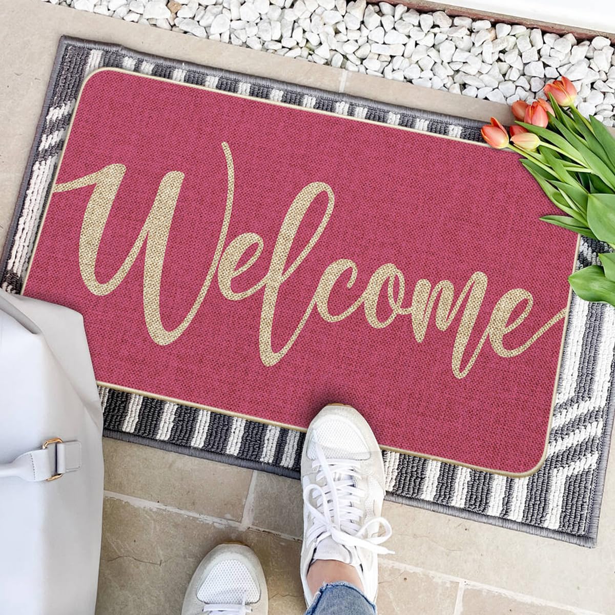 Artoid Mode Pink Welcome Spring Doormat, Summer Home Decor Low-Profile Switch Rug Door Mat Floor Mat for Indoor Outdoor 17x29 Inch