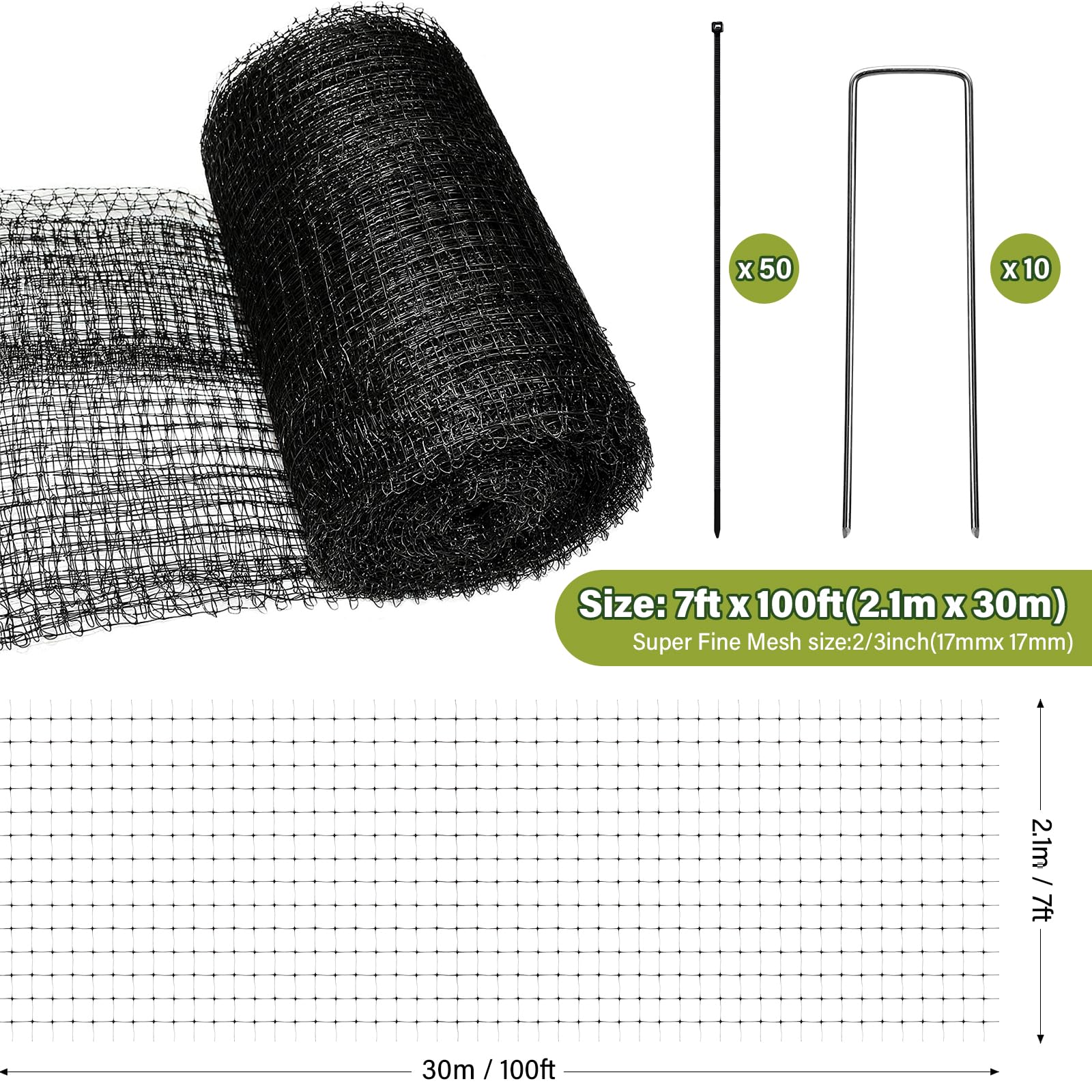 BEAUGIREW Garden Netting 7 x 100 ft Durable Bird Netting for Garden Heavy Duty Wire Mesh Net Fencing Protect Plants Fruits Trees from Birds Deer Poultry with 50 x Mounting Straps and 10 x Spikes