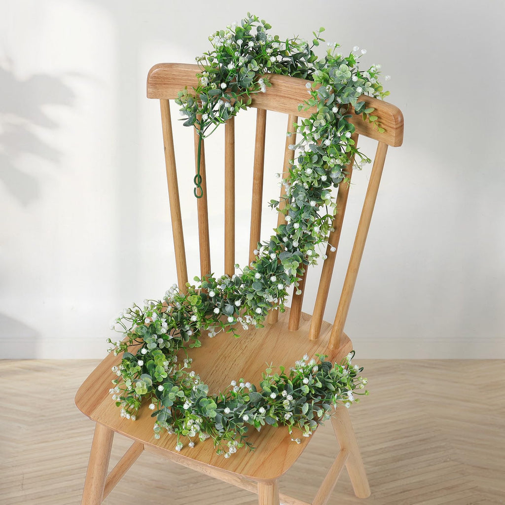 SOMYTING Artificial Eucalyptus Garland with White Flowers Artificial Greenery Garlands Fake Hanging Flower Garland Plant Artificial Vines for Wedding Backdrop Arch Wall Table Decor (4)