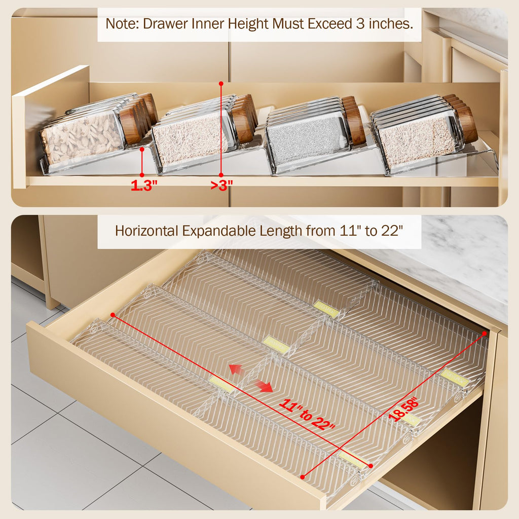 PanPanPal Spice Drawer Organizer, 8 Pack Clear Seasoning Organizer Rack, Expandable From 11" to 22" Wide Kitchen Spice Rack Organizers for Drawer, Countertop (Jars Not Included)