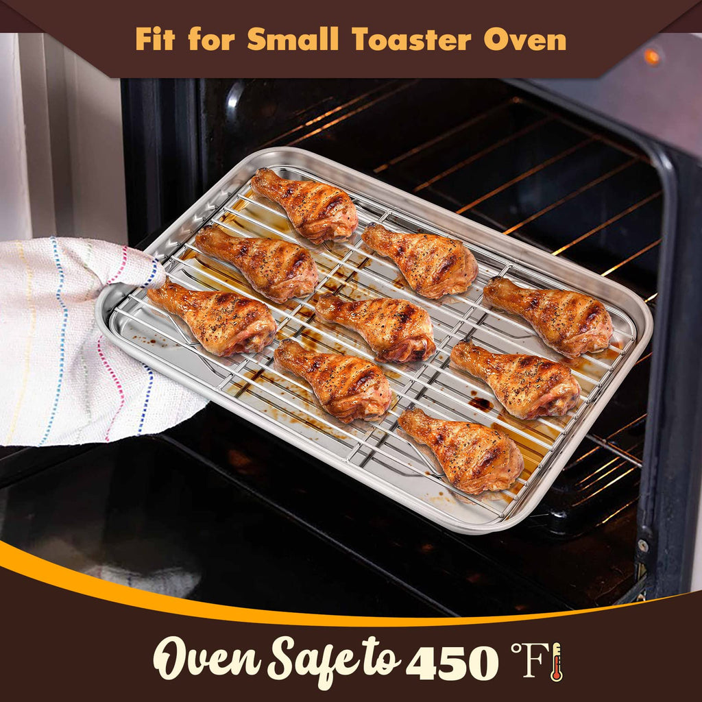 Small Stainless Steel Baking Sheet with Rack Set, E-far 10.5”x8.3” Cookie Sheet Broiling Pan for Toaster Oven, Rimmed Metal Tray with Wire Rack for Cooking/Baking/Cooling/Bacon - Dishwasher Safe