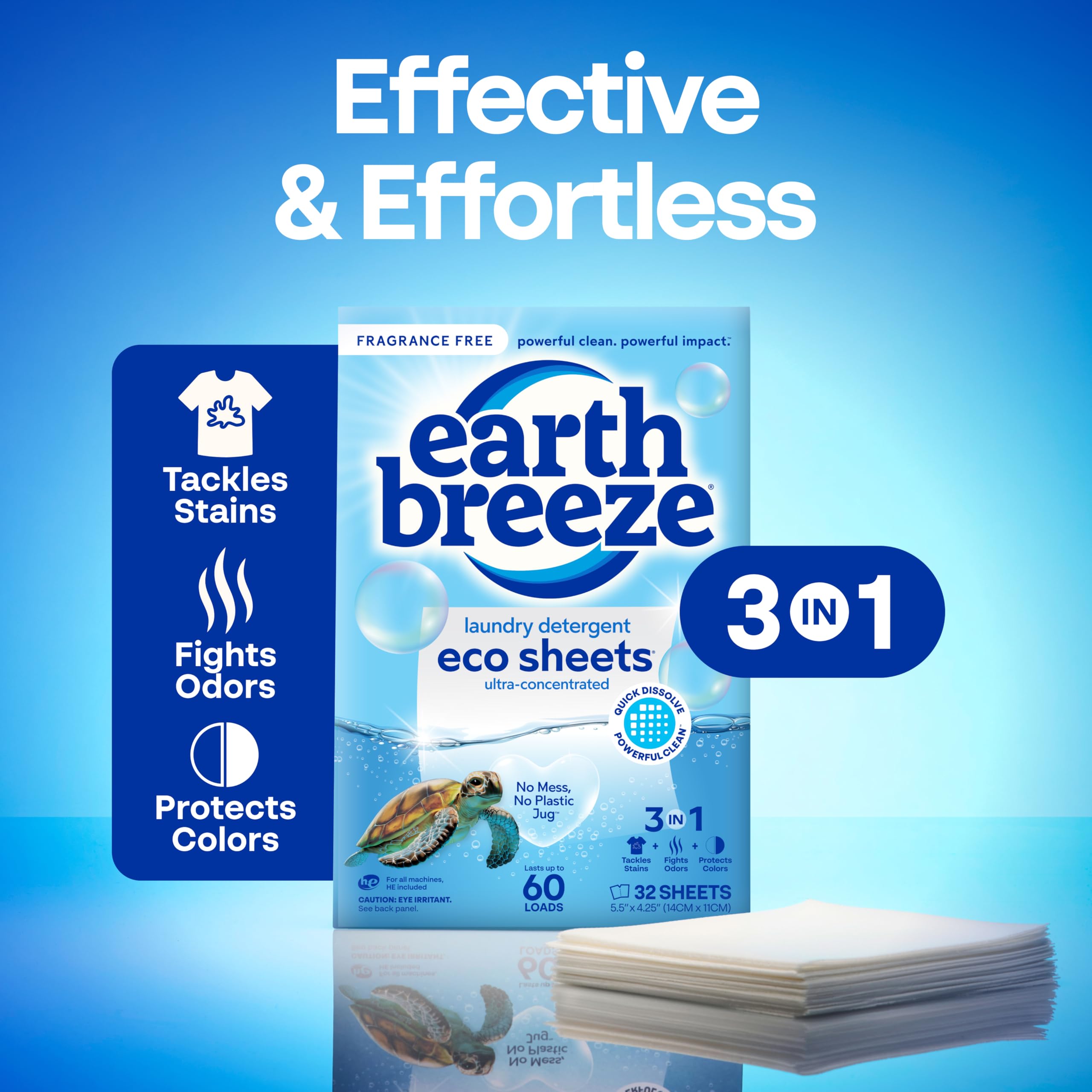 Earth Breeze Laundry Detergent Sheets Fragrance-Free - 60 Loads Eco Liquidless Soap - Travel-Friendly for Hot & Cold Cycles, Tackles Tough Stains & Odors - Gentle on Sensitive Skin, 30 Ct
