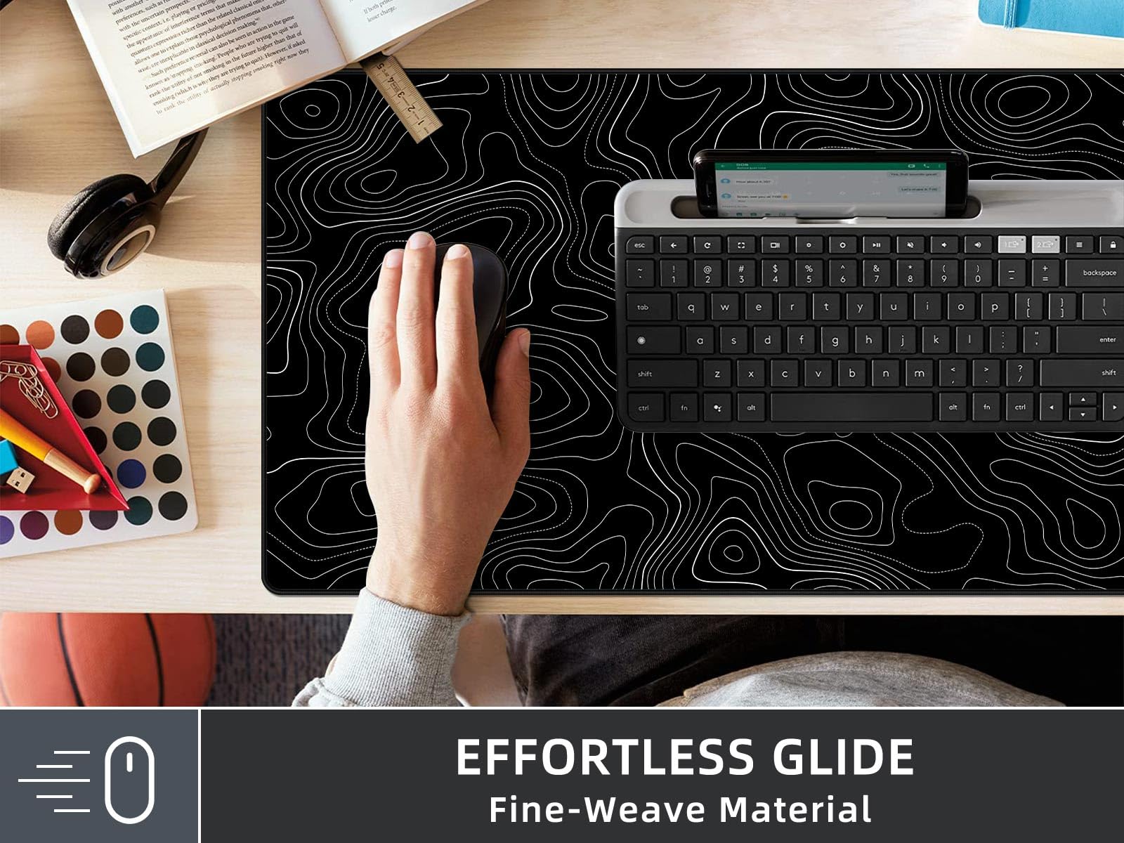 Rinaze Large Mouse Pad Desk Mat with Black Topographic, Anti-Slip Keyboard Pad with Multifunctional, Comfortable Gaming Mousepad, Office Desk Accessories for Computer, Home and Gaming