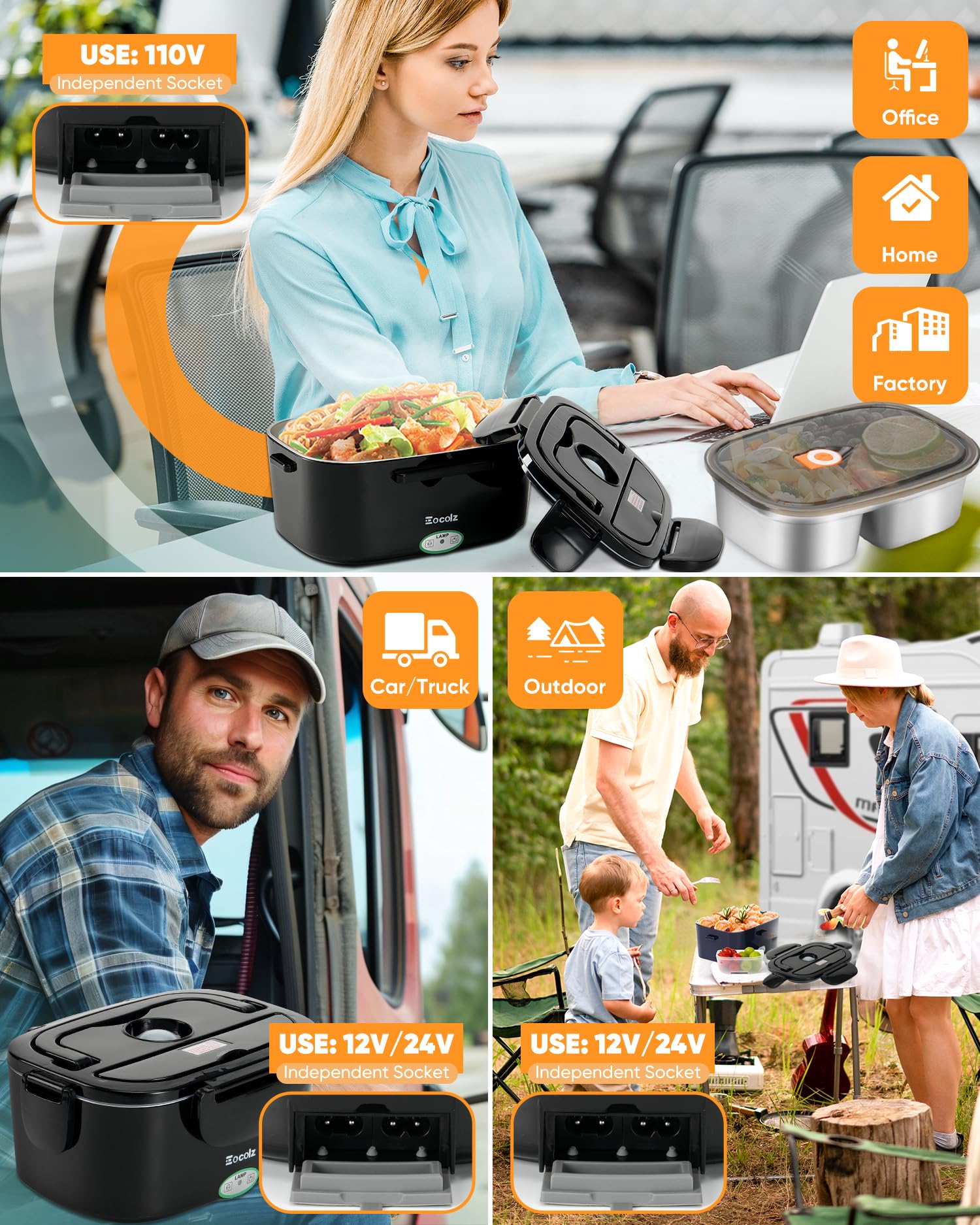 Electric Lunch Box Food Heater - 100W Fast Heating Lunch Box 12V/24V/110-230V Warming Lunchbox, Dual 1.5L Containers, Portable Food Warmer for Car/Truck/Travel, with Spork & Insulated Carry Bag