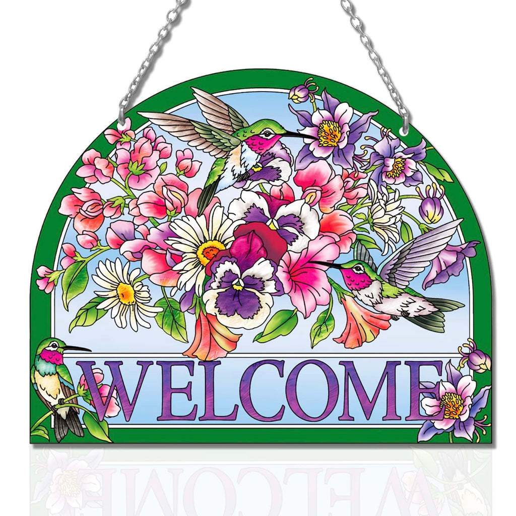Welcome Hummingbird Sun Catcher - Hummingbird Stained Glass Suncatchers - Welcome Sign Hummingbird Decor, Vibrant Flowers Window Hanging, 7.8’’*6.5’’ Stained Glass Birds with Suction Cup