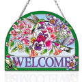 Welcome Hummingbird Sun Catcher - Hummingbird Stained Glass Suncatchers - Welcome Sign Hummingbird Decor, Vibrant Flowers Window Hanging, 7.8’’*6.5’’ Stained Glass Birds with Suction Cup