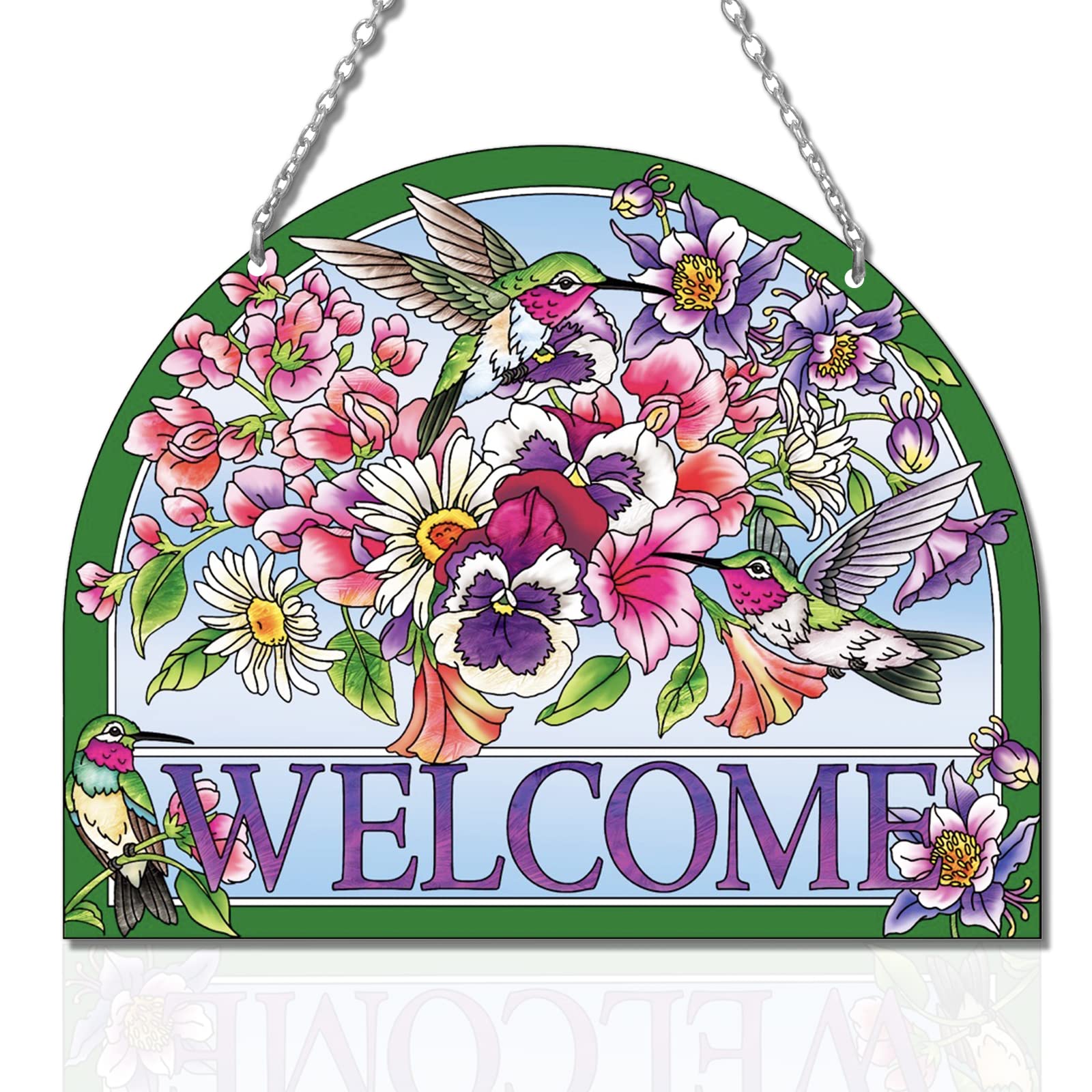 Welcome Hummingbird Sun Catcher - Hummingbird Stained Glass Suncatchers - Welcome Sign Hummingbird Decor, Vibrant Flowers Window Hanging, 7.8’’*6.5’’ Stained Glass Birds with Suction Cup