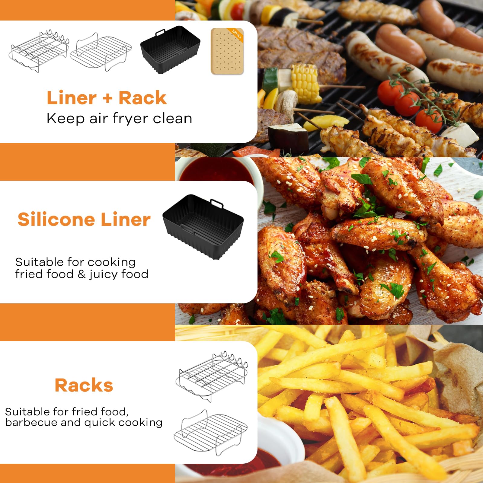 Air Fryer Accessories for Ninja Dual, Silicone Liners & Air Fryer Rack for Ninja Foodi DZ201 DZ401 DZ550 8-10QT, Include Tong, Paper Liner, Oil Brush, Suitable for Oven Microwave