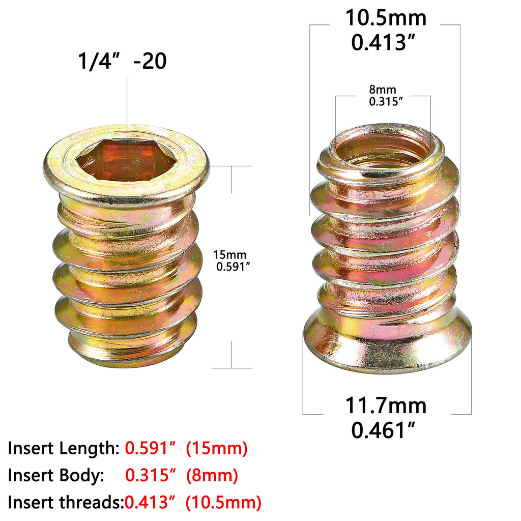 PGMJ 80 Pieces 1/4"-20 Wood Inserts Bolt Furniture Screw in Nut Threaded Fastener Connector Hex Socket Drive for Wood Furniture Assortment (1/4"-20 x15mm)