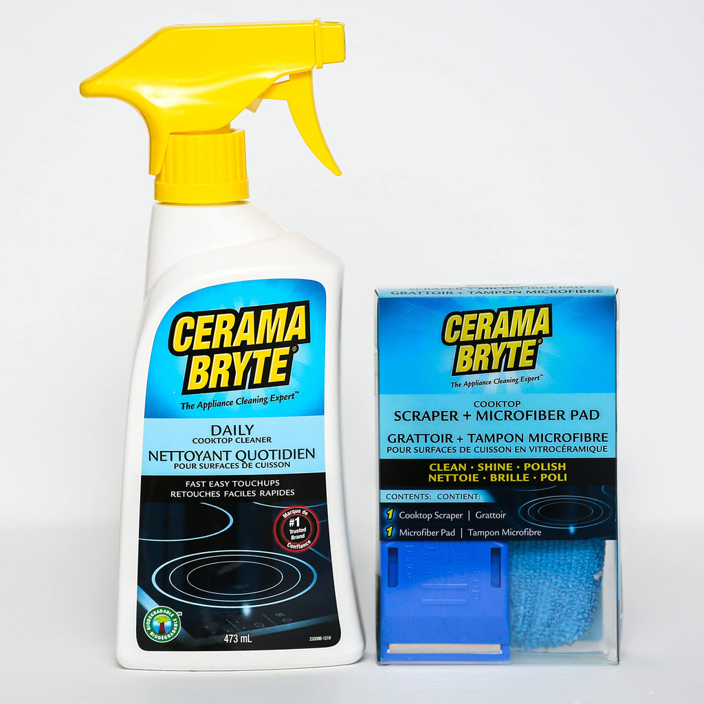 Cerama Bryte Glass Cooktop Cleaner Combo - Touchups Spray for ceramic stove top cleaner + scraper + microfiber pad