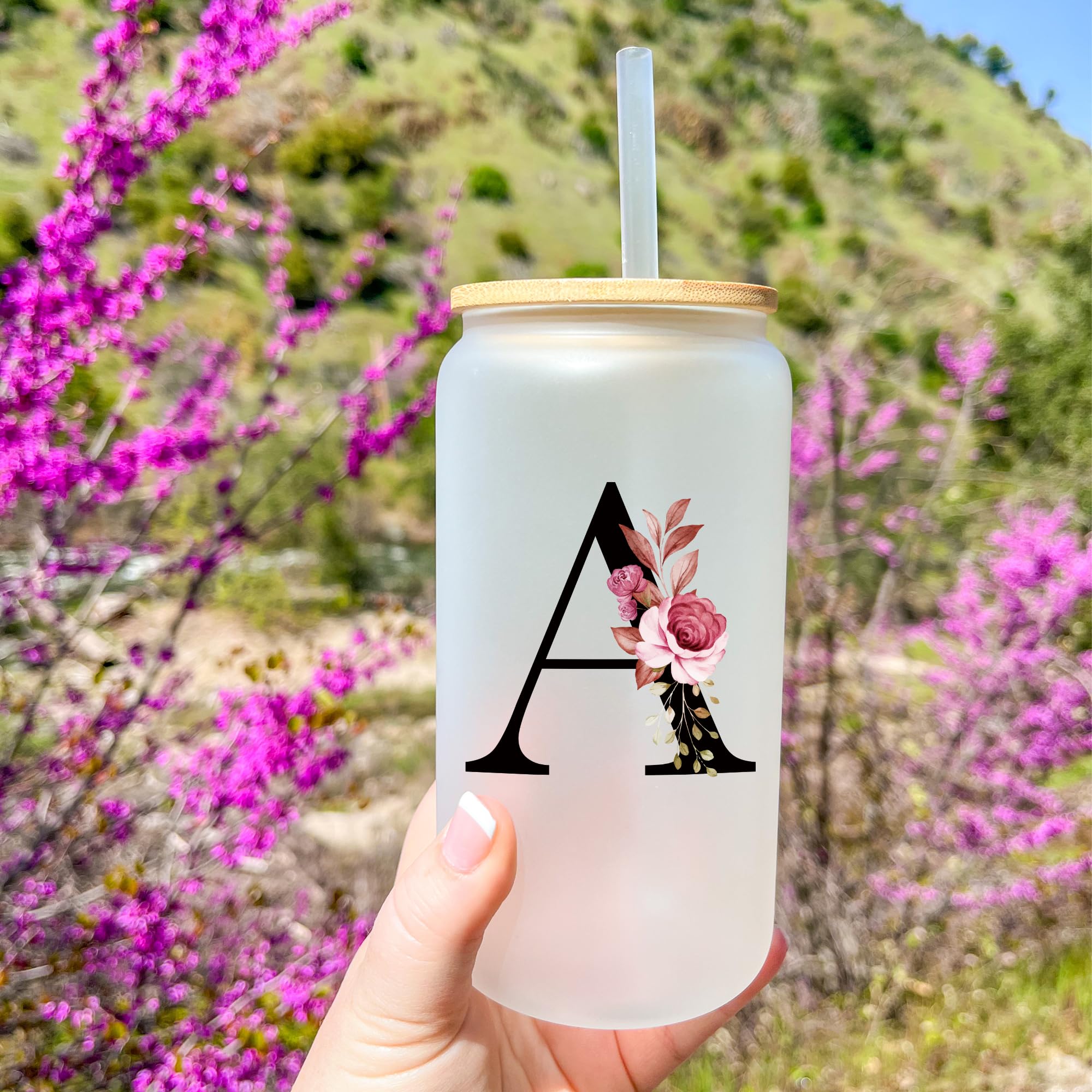 Personalized Gifts for Women, Monogrammed Frosted Glass Tumbler with Straw and Lid, Cute Customized Mug, Custom Initial Iced Coffee Glasses, Customizable Drinking Cup, Birthday Teacher Woman, J
