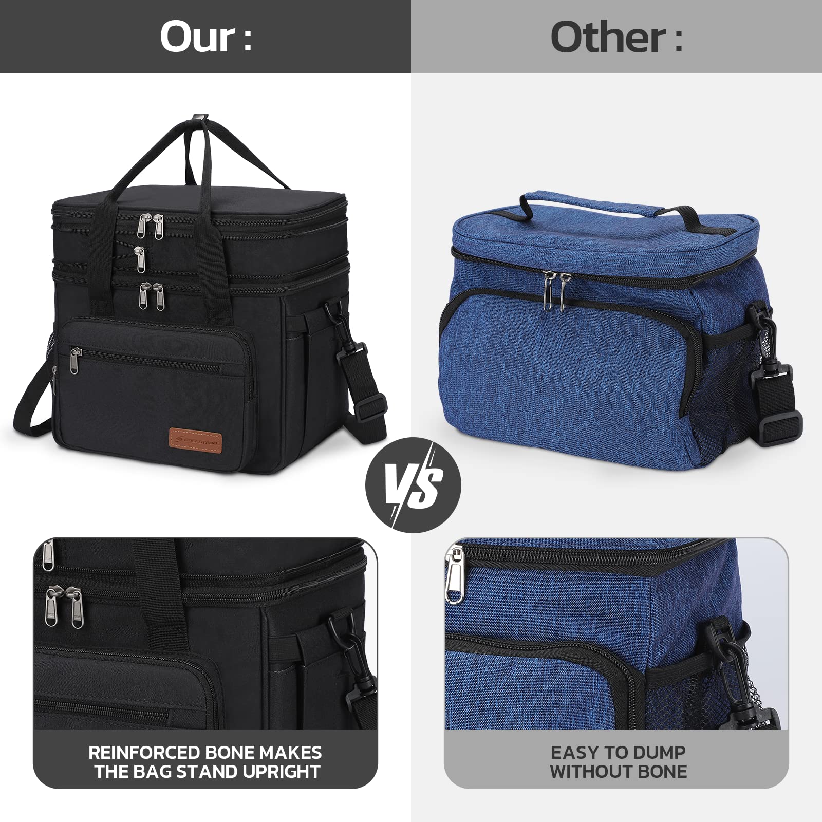 Maelstrom Lunch Bag Women,23L Insulated Lunch Box for Men Women,Expandable Double Deck Cooler Bag,Lightweight Leakproof Tote Bag with Side Tissue Pocket (Black)
