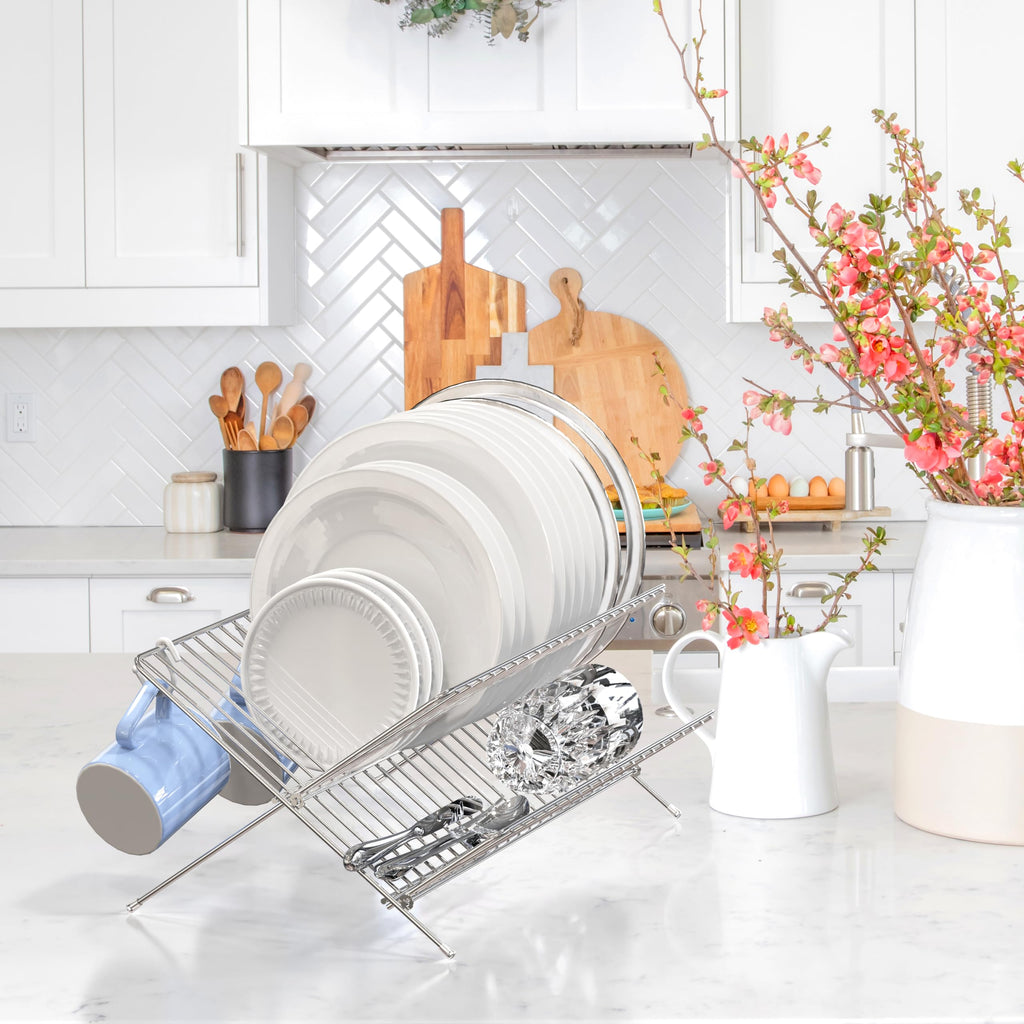 Simple Houseware Folding Dish Drying Rack, 2-Tier Collapsible X-Shape Tableware Drainer for Kitchen Countertop and Compact Storage, Chrome
