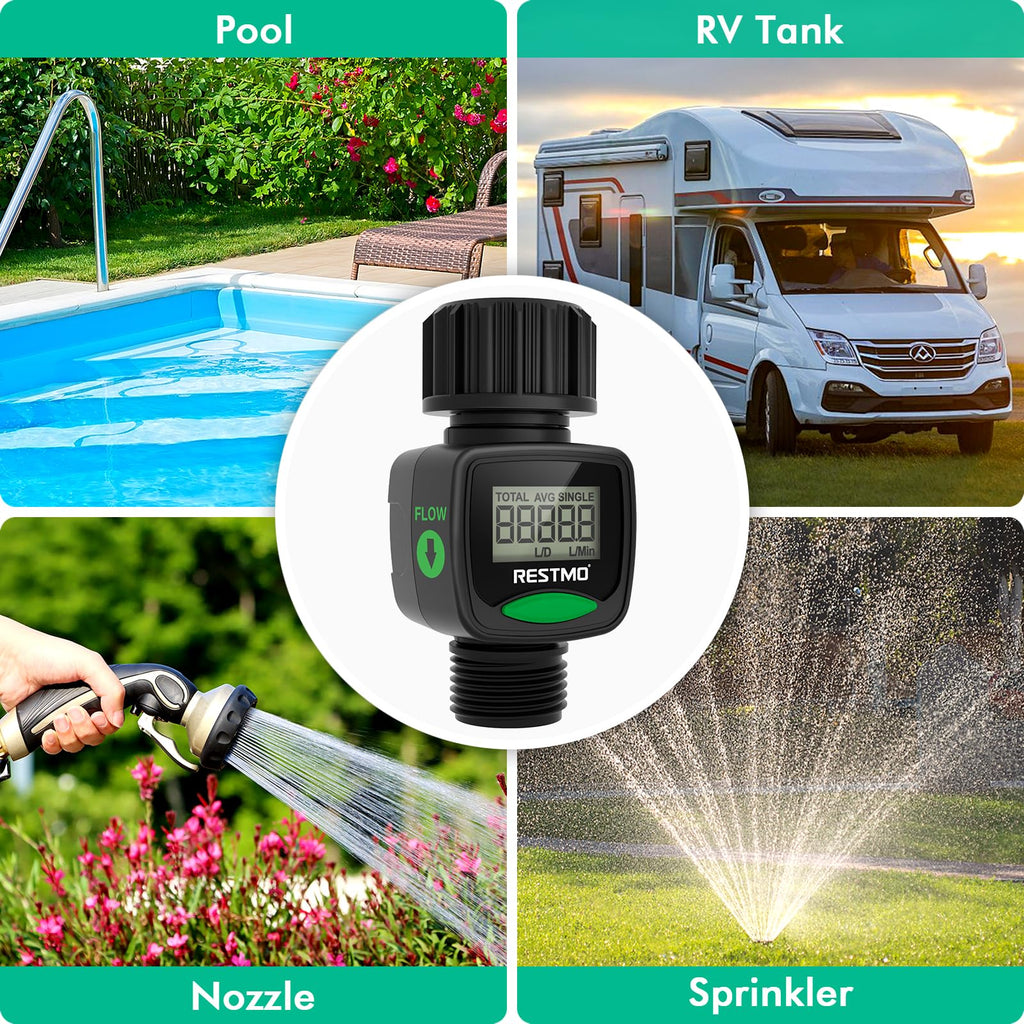 RESTMO Water Flow Meter, High Measure Accuracy, Measure Gallon/Liter Consumption and Flow Rate for Outdoor Garden Hose Watering, RV Water Tank Filling, Lawn Sprinkler and Nozzle Sprayer