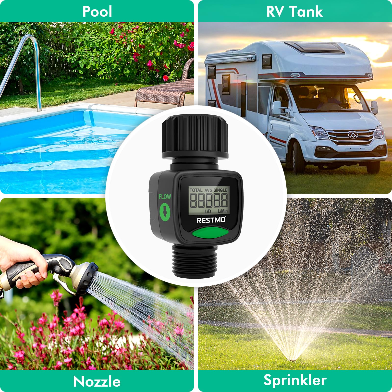 RESTMO Water Flow Meter, High Measure Accuracy, Measure Gallon/Liter Consumption and Flow Rate for Outdoor Garden Hose Watering, RV Water Tank Filling, Lawn Sprinkler and Nozzle Sprayer