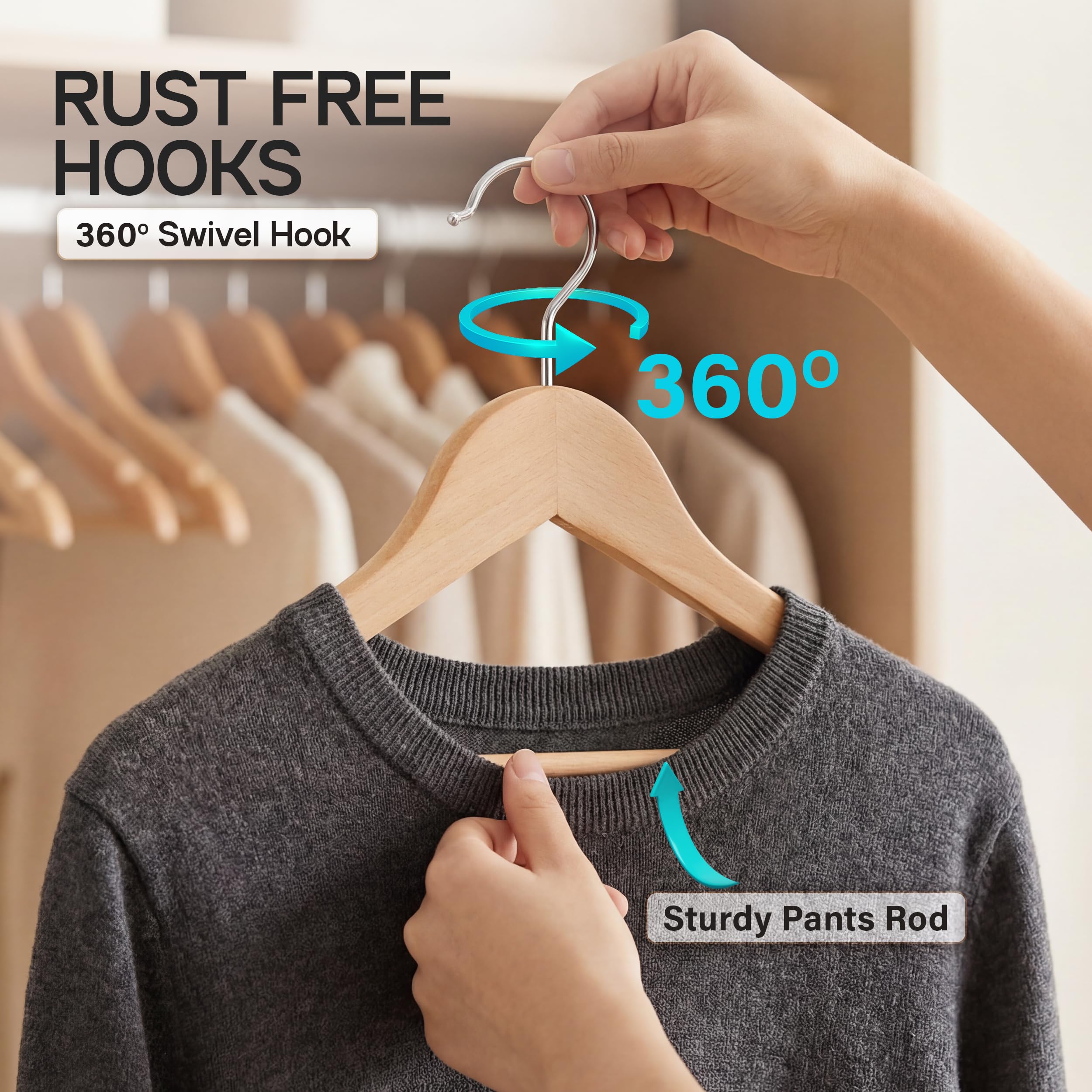 Beddora Wooden Hangers 30 Pack - 360 rotatable Swivel Hook Durable & Slim Lightweight with Shoulder Grooves - Wood Hanger for Clothes Coats Pants Suits Jackets in Natural